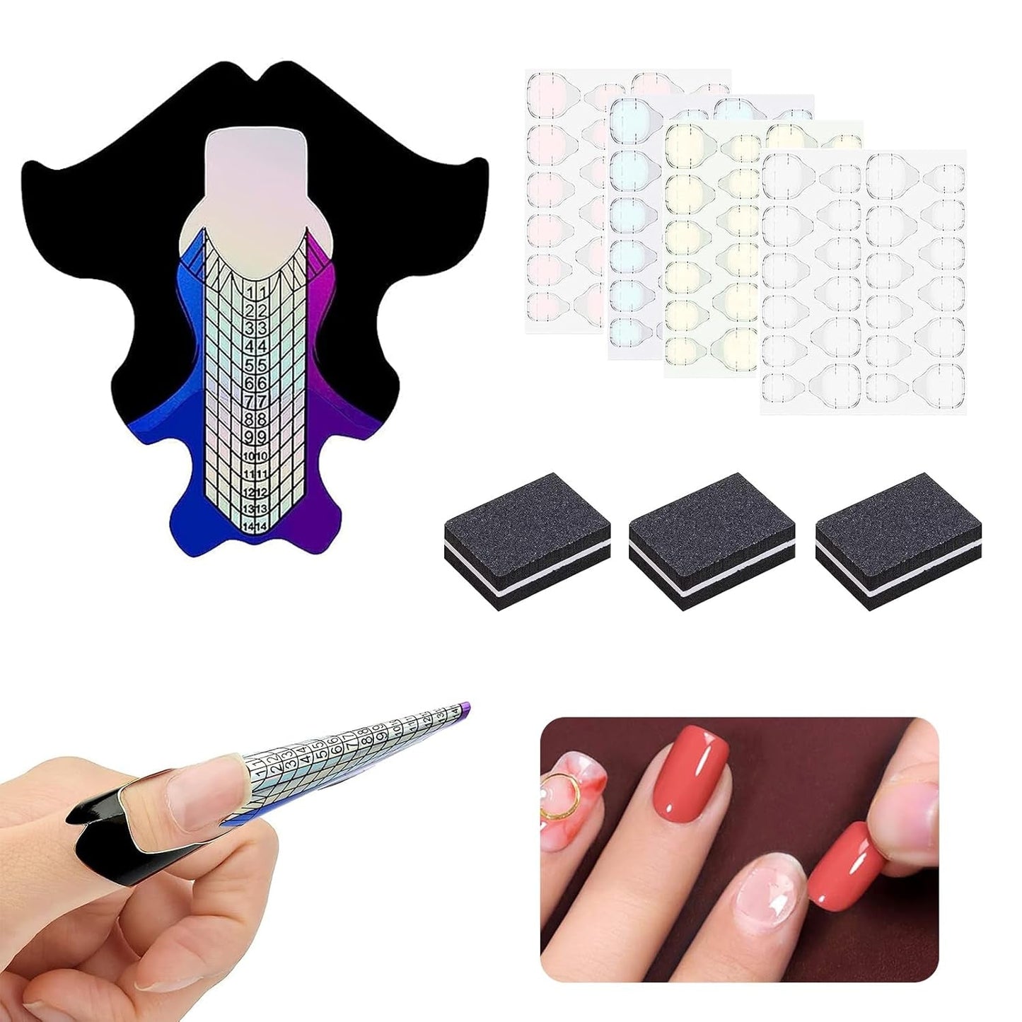 100 Pezzi Modelli per Nail Art Modelli per Modellare Autoadesivi con 4 Fogli Cuscinetti per Unghie Adesivi Trasparenti e 3 Lime per Unghie Accessori per Estensione Unghie in Gel per Unghie Artificiali