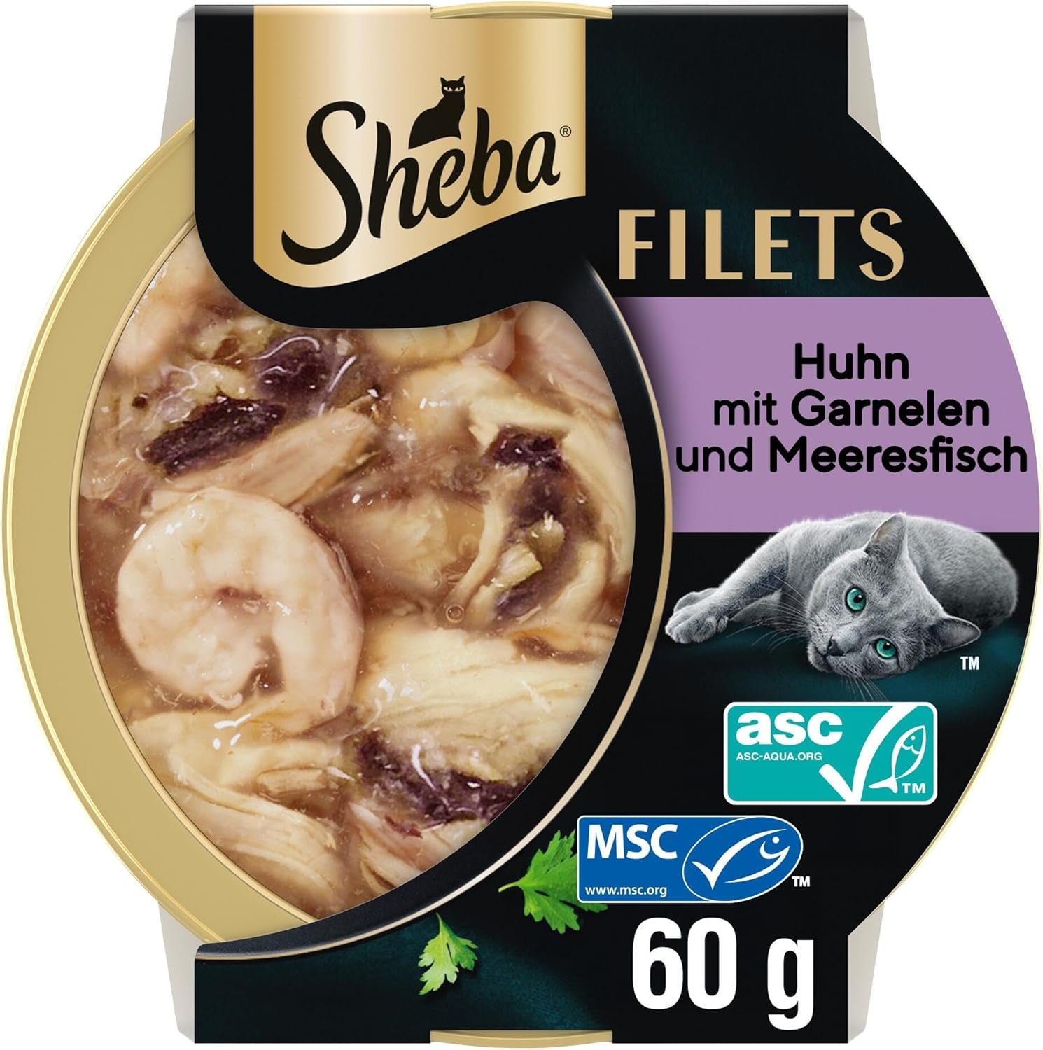 SHEBA Filetti Adult Katzenfutter in Salsa con Pollo, Hochseefisch und Garnelen 16 x 60g Conchiglia