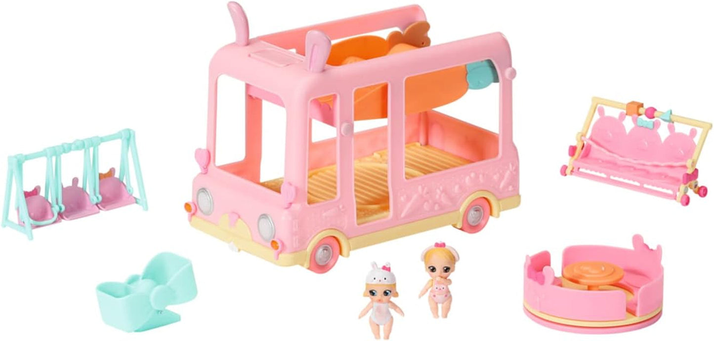 BABY nato 904763 Baby Surprise Bus - mini autobus giocattolo rosa con 2 bambole esclusive, passeggino triplo, altalena, giostra, scivolo e altalena tripla.
