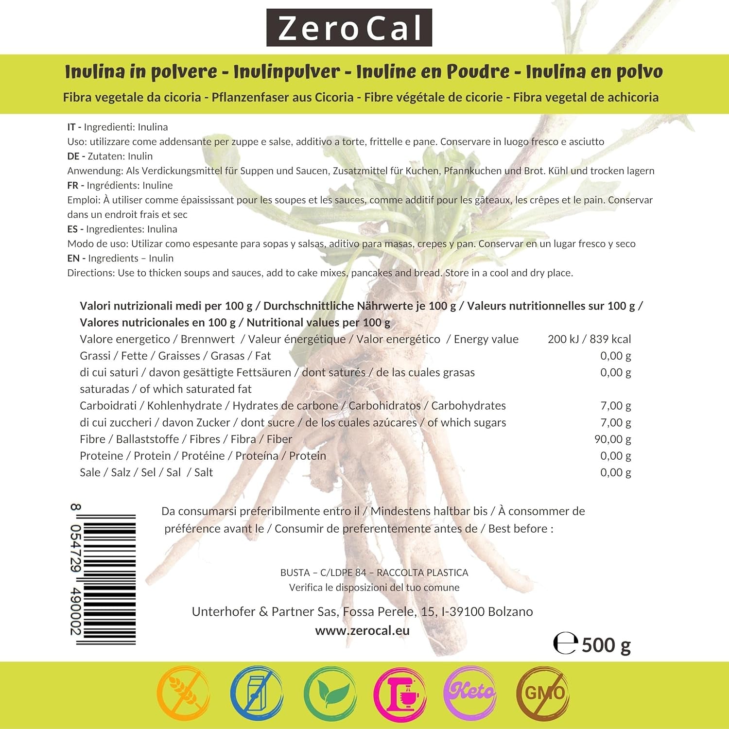 Zerocal - Polvere di Inulina Da Cicoria-Wurzel 500 G | Inulin Mit Hohem Ballaststoffgehalt | 100% vegano e senza glutine | Herkunft Deutschland Dolcificanti Naty Shop