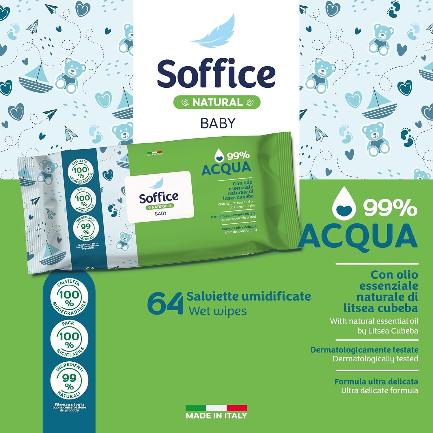 Salviette umidificate detergenti naturali per neonati, 99% acqua, formula delicatissima per l'igiene quotidiana di bambini e neonati - 12 confezioni da 64 salviette