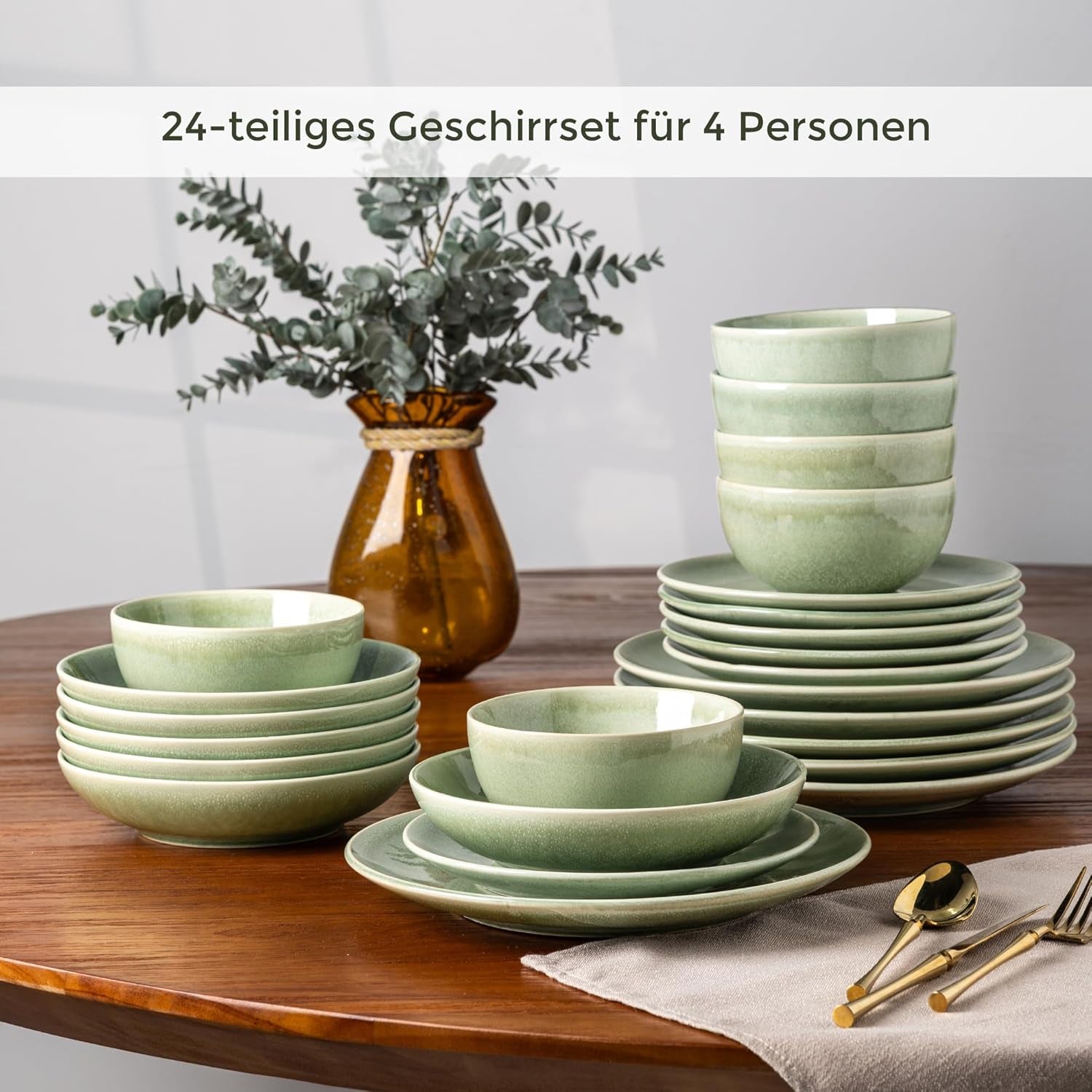 GBHOME Set di stoviglie in ceramica per 6 persone, set di piatti e ciotole dipinti a mano da 24 pezzi, gres antigraffio, lavabile in lavastoviglie e adatto al microonde