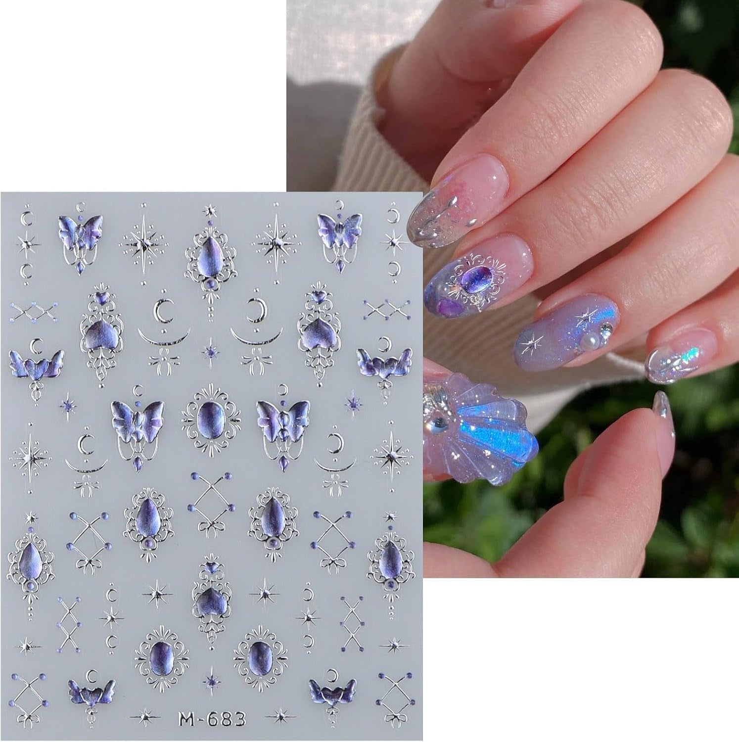 JMEOWIO 3D Nagelsticker Blauer Nail Art Sticker Selbstklebend Nagelaufkleber 5D Stereoscope Mondstern Dekoration Nageldesign Zubehör 1 Blatt