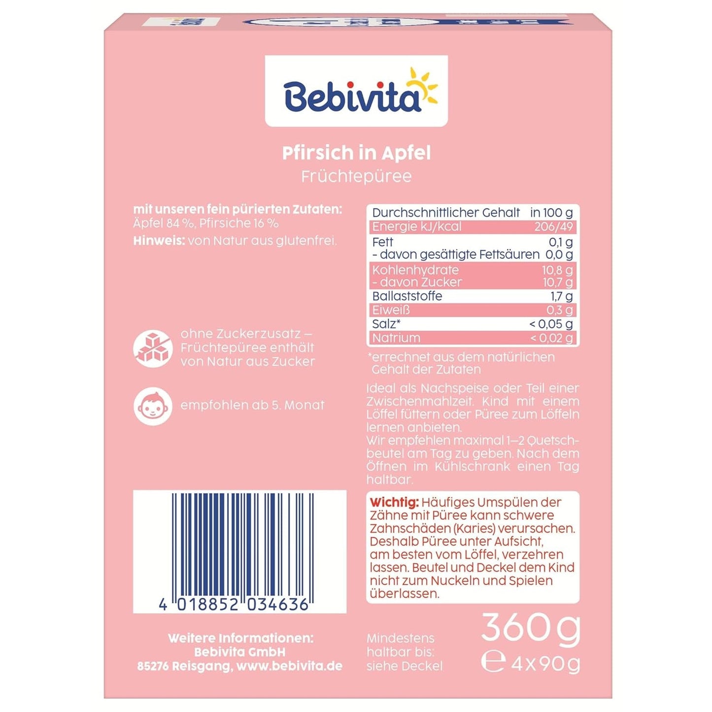 Buste comprimibili pesca e mela - Confezione da 16 (4 confezioni, 4 x 90 g ciascuna), senza zuccheri aggiunti, senza glutine, vegano, ideale per bambini dai 5 mesi, perfetto da asporto
