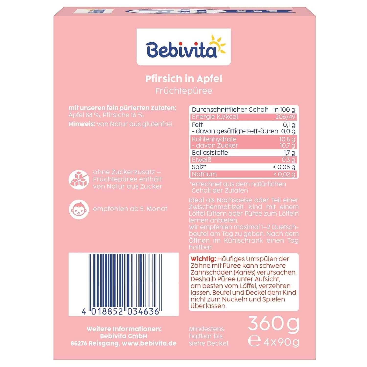 Buste comprimibili pesca e mela - Confezione da 16 (4 confezioni, 4 x 90 g ciascuna), senza zuccheri aggiunti, senza glutine, vegano, ideale per bambini dai 5 mesi, perfetto da asporto