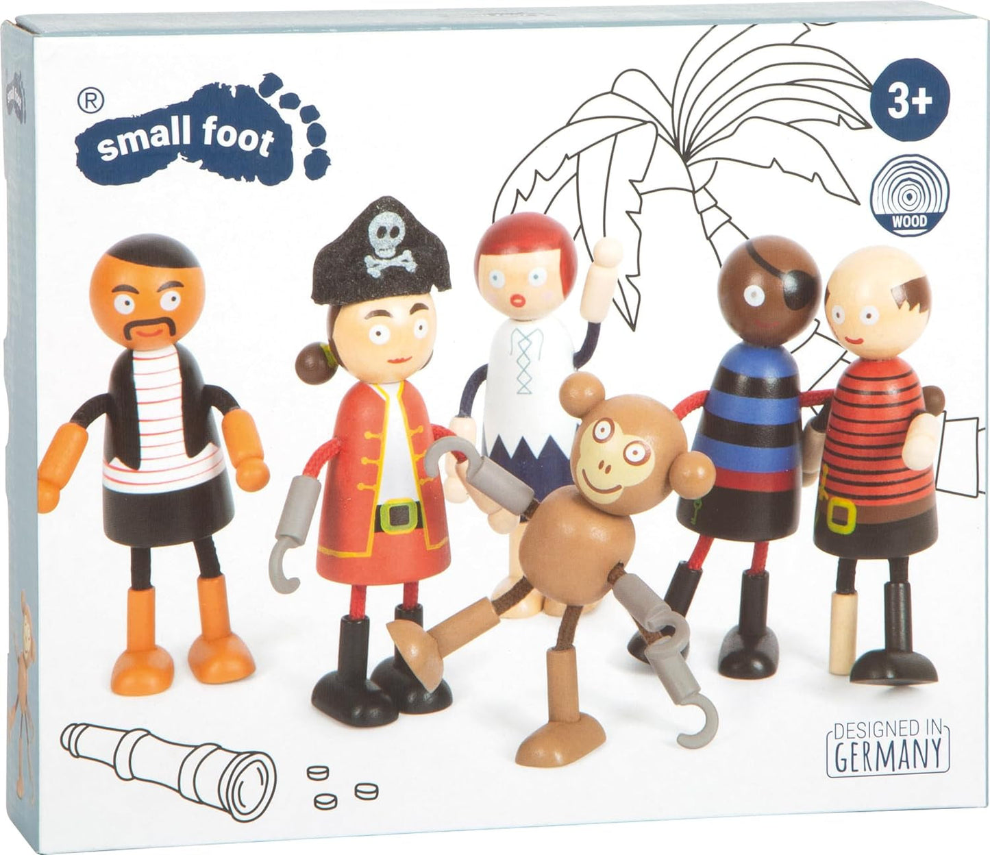 Bambole pirata in legno flessibili Small Foot, 5 pirati e 1 scimmia, dettagliate e flessibili, dai 3 anni in su, 12412