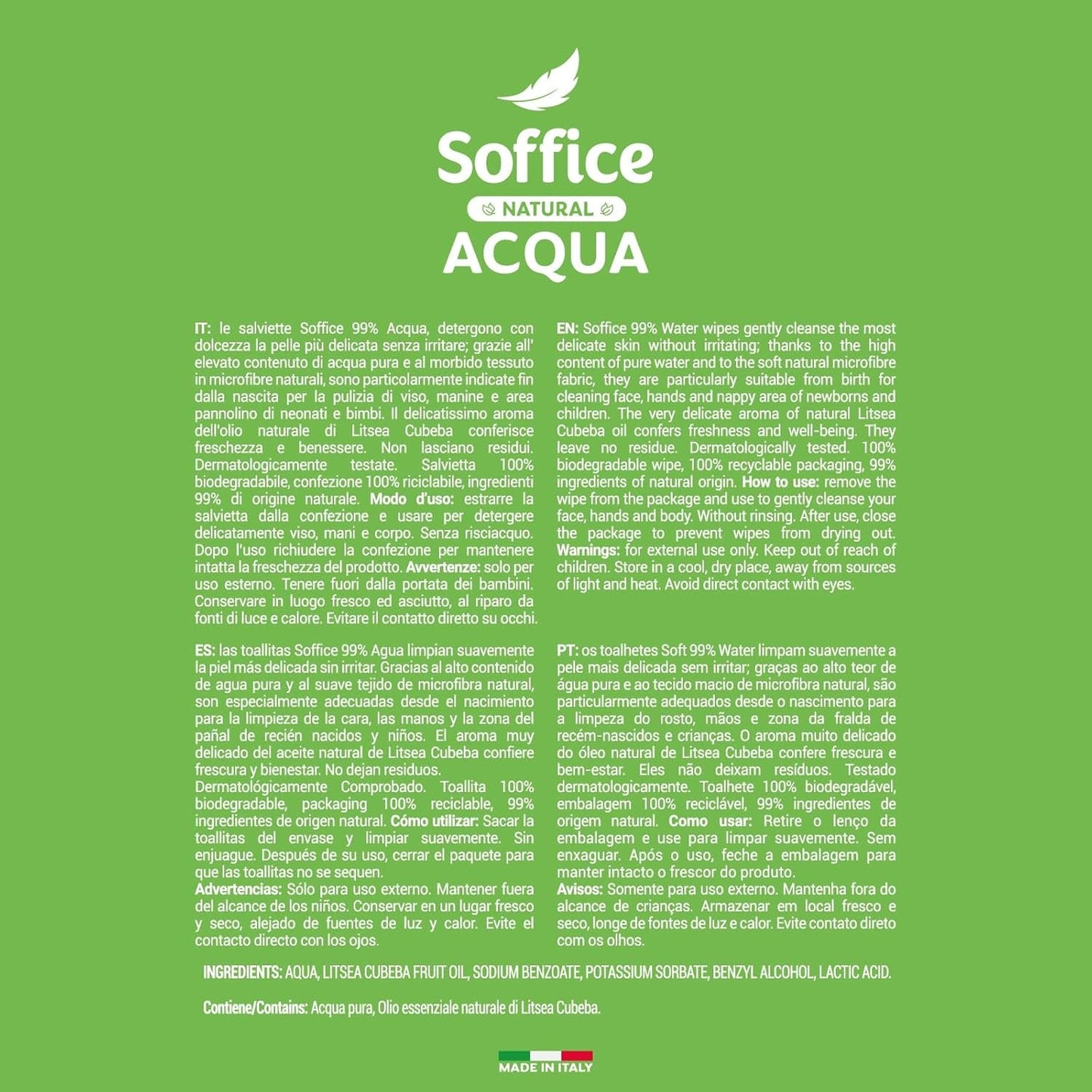 Salviette umidificate detergenti naturali per neonati, 99% acqua, formula delicatissima per l'igiene quotidiana di bambini e neonati - 12 confezioni da 64 salviette