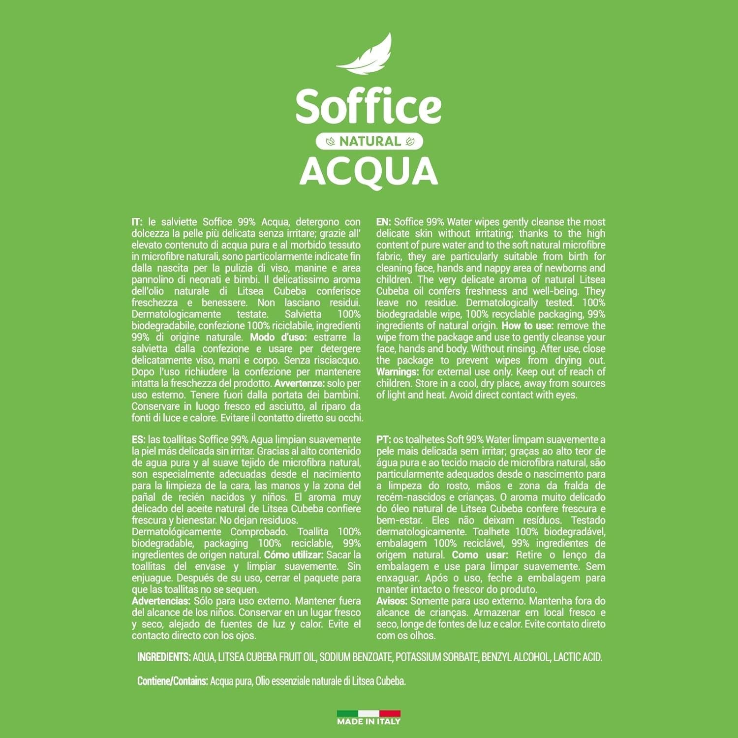 Salviette umidificate detergenti naturali per neonati, 99% acqua, formula delicatissima per l'igiene quotidiana di bambini e neonati - 12 confezioni da 64 salviette