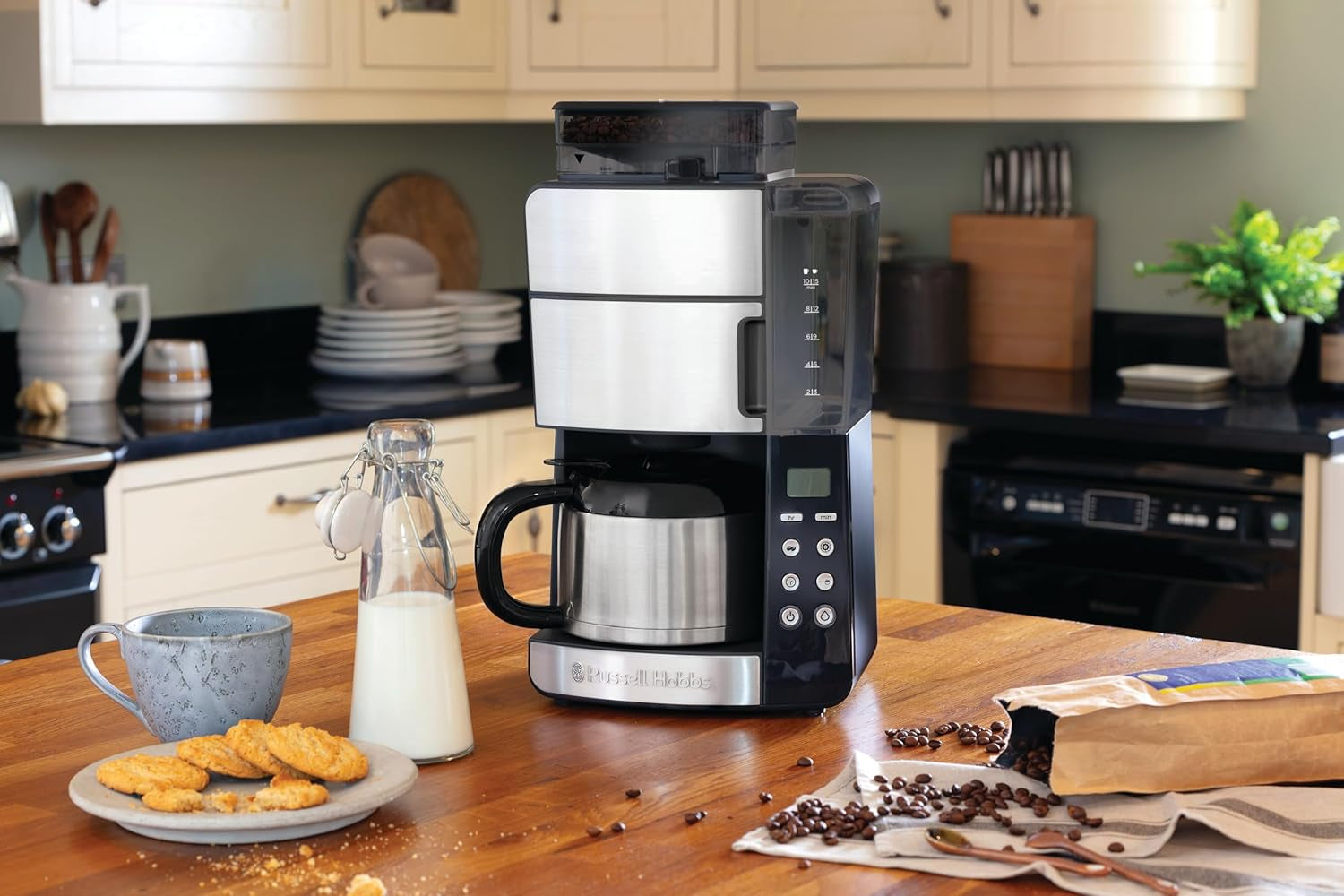 Caffettiera Russell Hobbs con macinacaffè e caraffa termica [Timer digitale, soffione doccia per estrazione e aroma ottimali] Grind&Brew (1-10 tazze, 3 impostazioni di macinatura) Caffettiera con filtro 25620-56