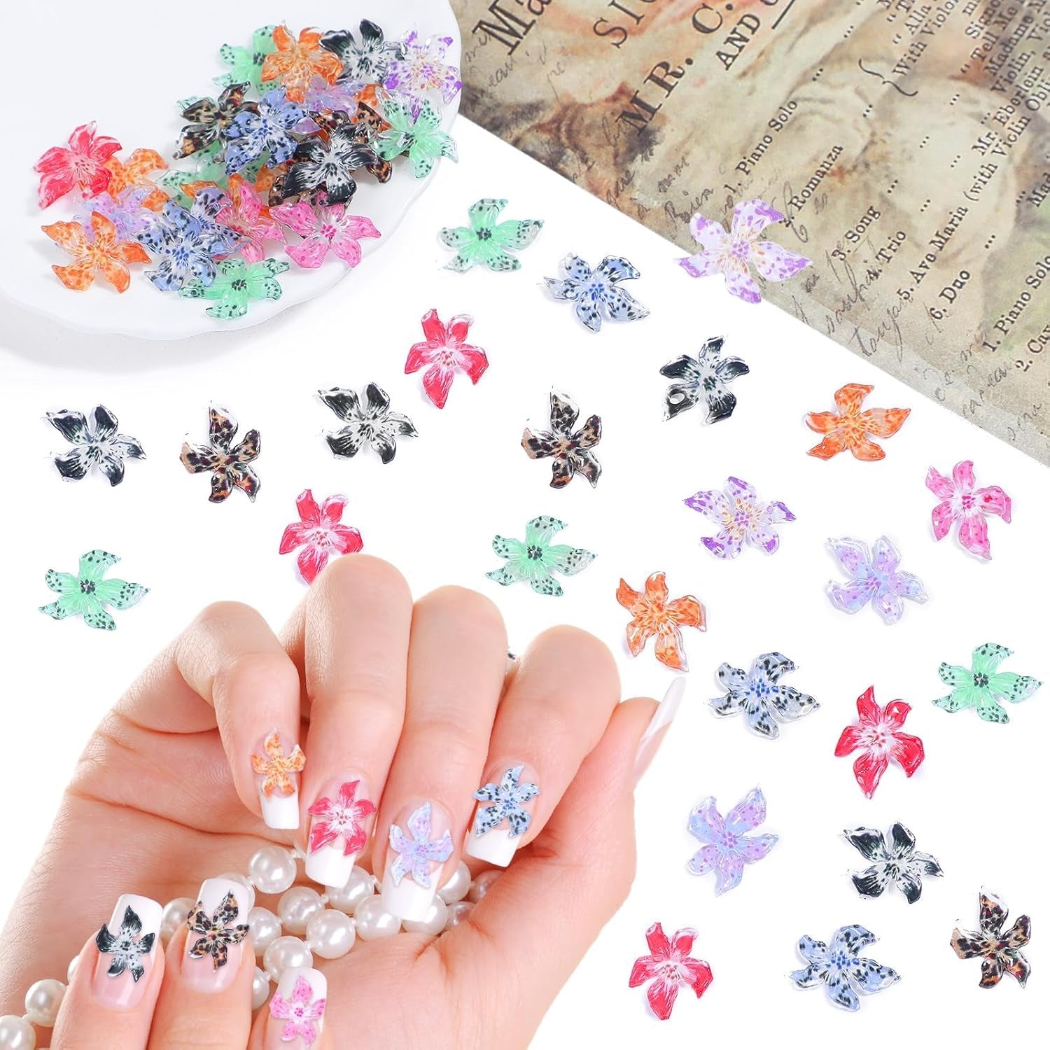 50 pz 3D Blumen Nägel Nail Charms Bunt Gelee Weich Kleber Lilie Flower Blume Nagel Hibiscus Zubehör Nageldesign Eis Kristall Geprägt Farbverlauf Lilien Für Mädchen Frauen Diy Basteldekoration
