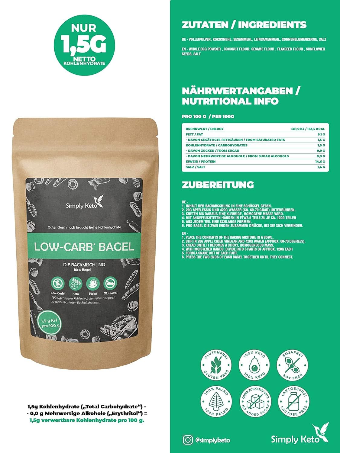 Simply Keto Lower Carb* Preparato per dolci per bagel per dieta Low Carb* e chetogenica - senza lattosio e glutine - 335 grammi Naty Shop Kitchen