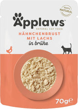 Applaws Alimento Umido per Gatti 100% Naturale, Petto di Pollo con Salmone in Brodo - Confezione da 12 Bustine da 70g
