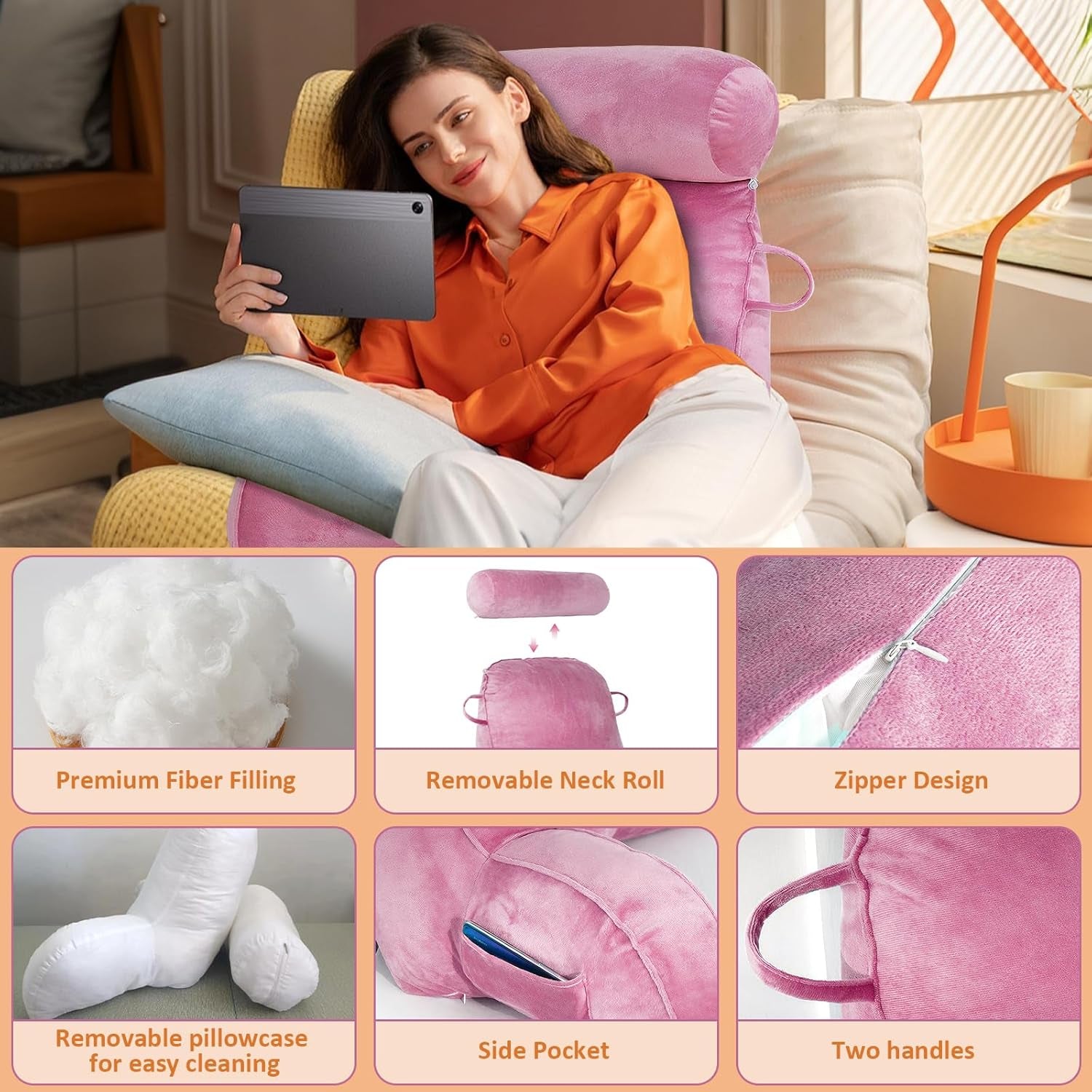 Cuscino da lettura XL per letto e divano con paranuca staccabile, cuscino per la schiena ideale per adulti con memory foam per leggere, lavorare, giocare, guardare la TV, rilassarsi (rosa) confortevole