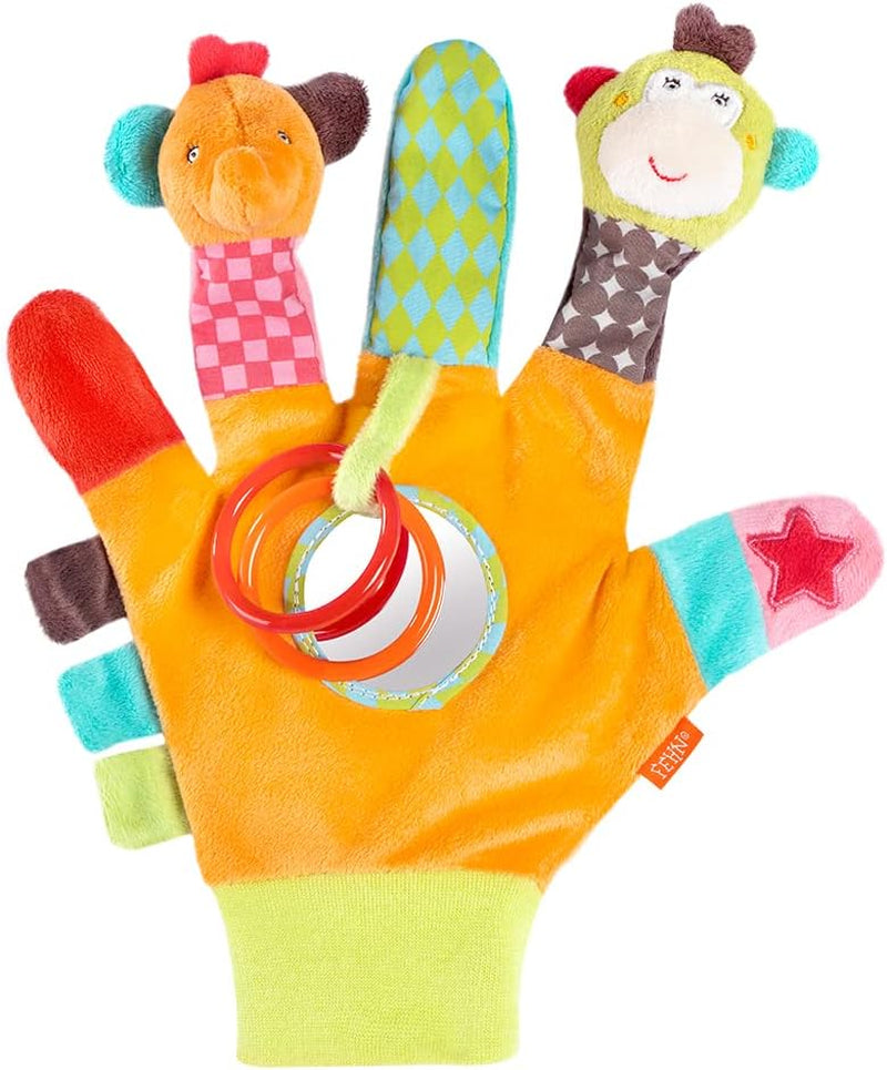 Fehn guanto da gioco safari - pupazzi da dito scimmia ed elefante e calzini a campana unicorno - calzini per bambini con funzione campana e testa di unicorno - stimolano le capacità motorie e i sensi Bebe Toys Naty Shop
