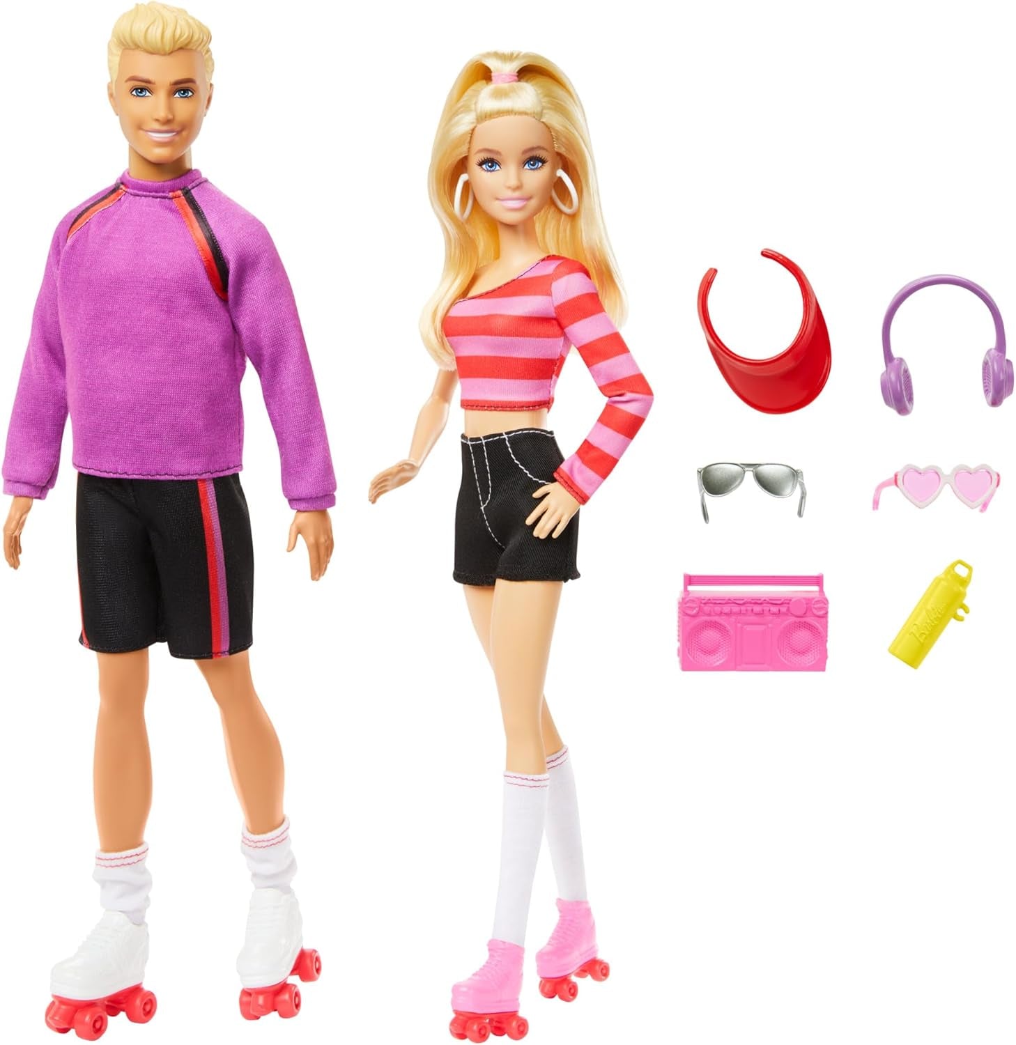 Barbie Fashionistas Set con 2 bambole alla moda e 6 accessori, bambole alla moda sui pattini a rotelle Barbie e Ken, personaggi da collezione del 65° anniversario, HXK90