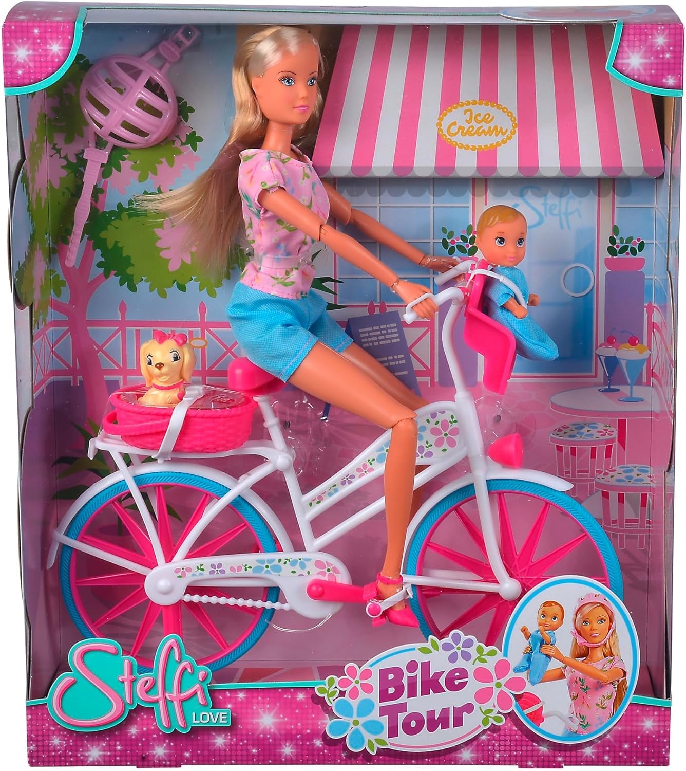 Simba 105739050 - Steffi Love Bike Tour, Steffi ed Evi nel loro castello a tre piani con altalena, mobili e tanti accessori, 40 pezzi, 102x90x38 cm, per bambini dai 3 anni in su