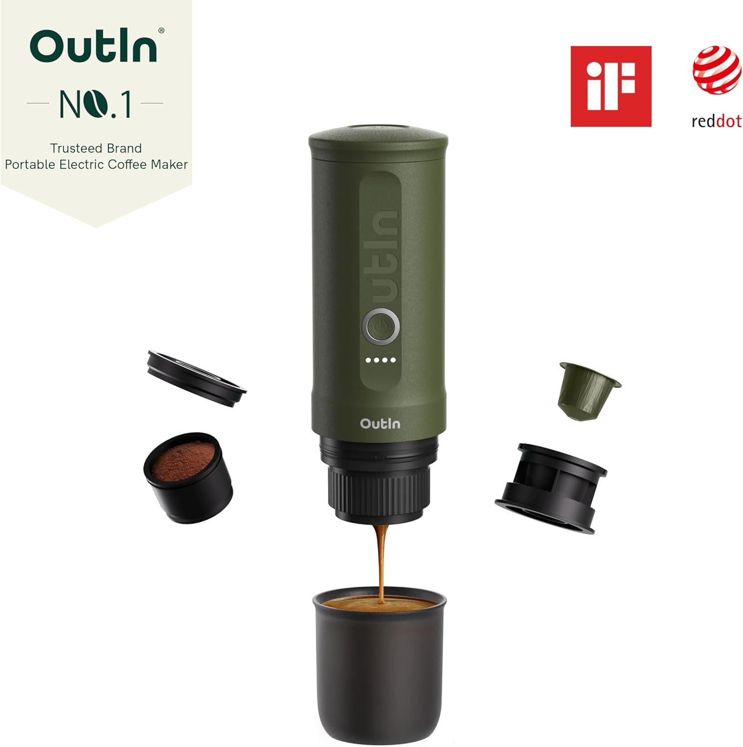 OutIn Nano Macchina per caffè espresso elettrica portatile, caffettiera da campeggio, USB-C autoriscaldante, compatibile con caffè macinato e capsule NS