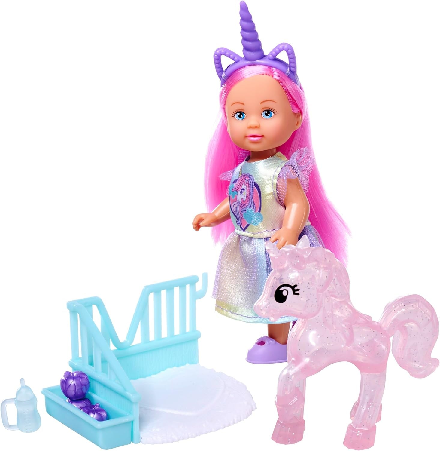 Simba Evi Love Unicorn Play Doll che indossa un grazioso vestito da unicorno con fascia abbinata, incluso un unicorno con stalla, mele e una bottiglia per bere, 12 cm, dai 3 anni in su
