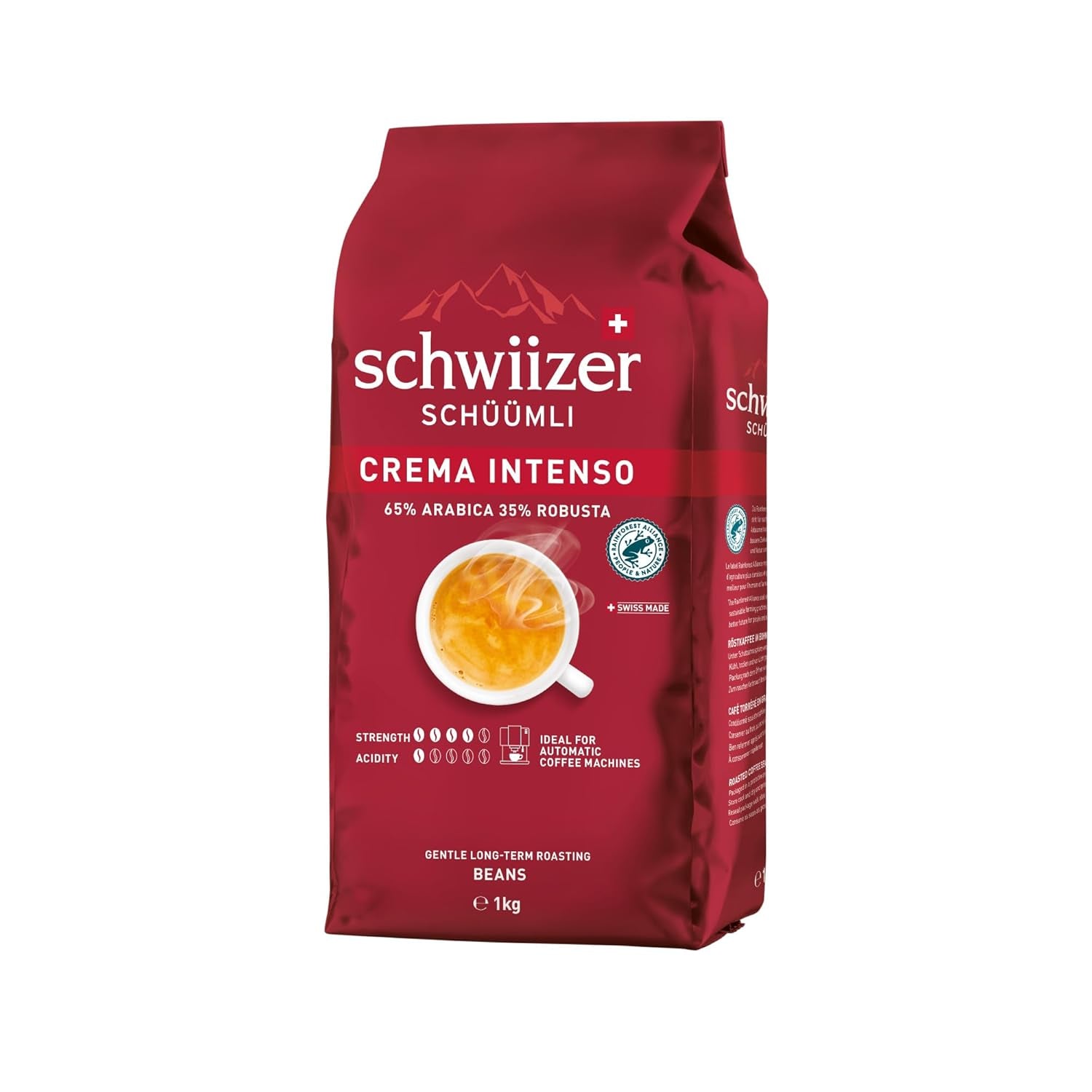 Schwiizer Schüümli Intenso, caffè Arabica/Robusta in grani, corposo e intenso, ideale per macchine espresso automatiche, forza 4/5, tostatura media, Rainforest Alliance, 1kg