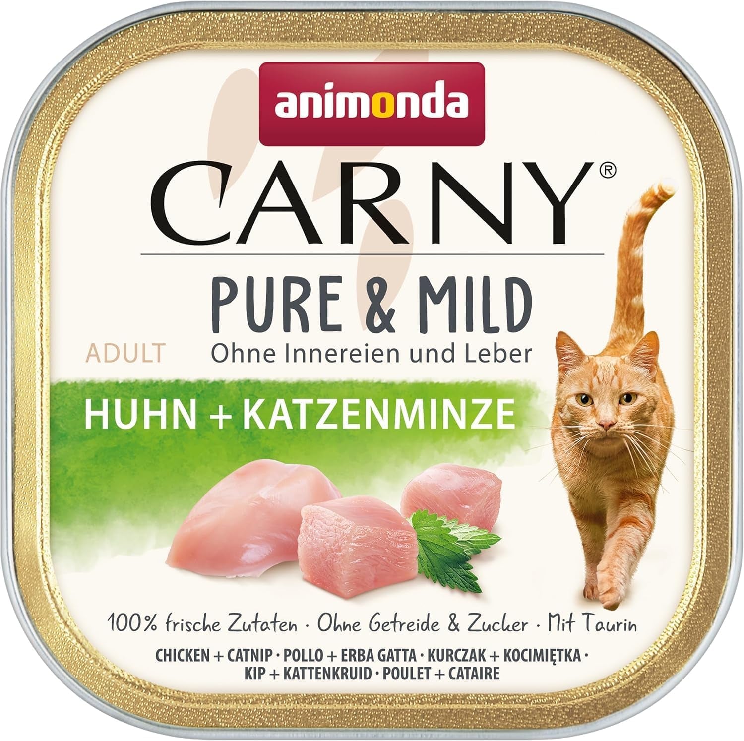 Cibo umido per gatti Adult Pure & Mild con pollo e erba gatta (32 x 100 g), per gatti sensibili, senza cereali e senza zucchero, cibo umido facilmente digeribile con pollo