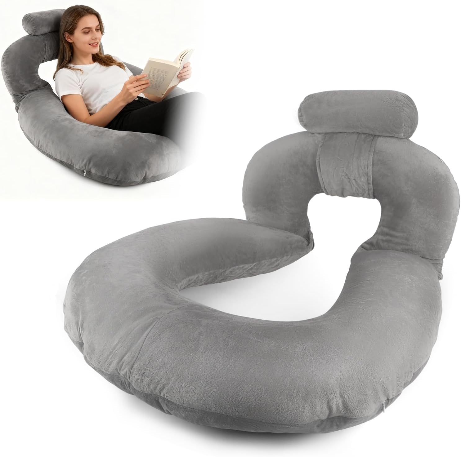 Cuscino da lettura, Cuscino per la schiena a forma di U con cuscino per il collo, Cuscino da gioco grigio, Cuscino per leggere, giocare, lavorare, riposare