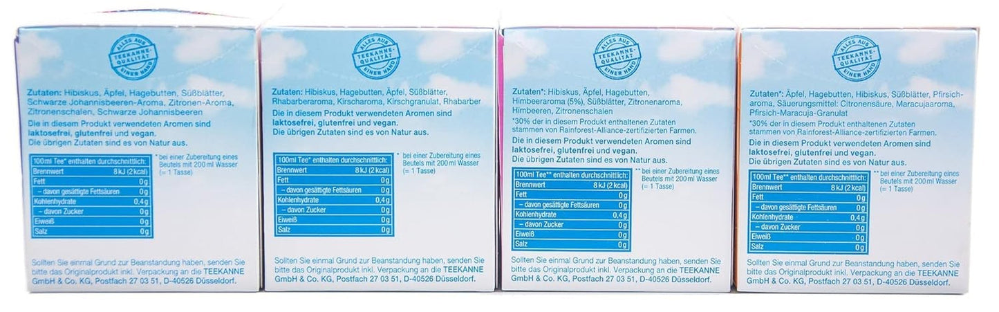 Teekanne Frio confezione da 4, ciliegia rabarbaro, ribes al limone, lampone al limone, pesca al frutto della passione (4 x 45 g)