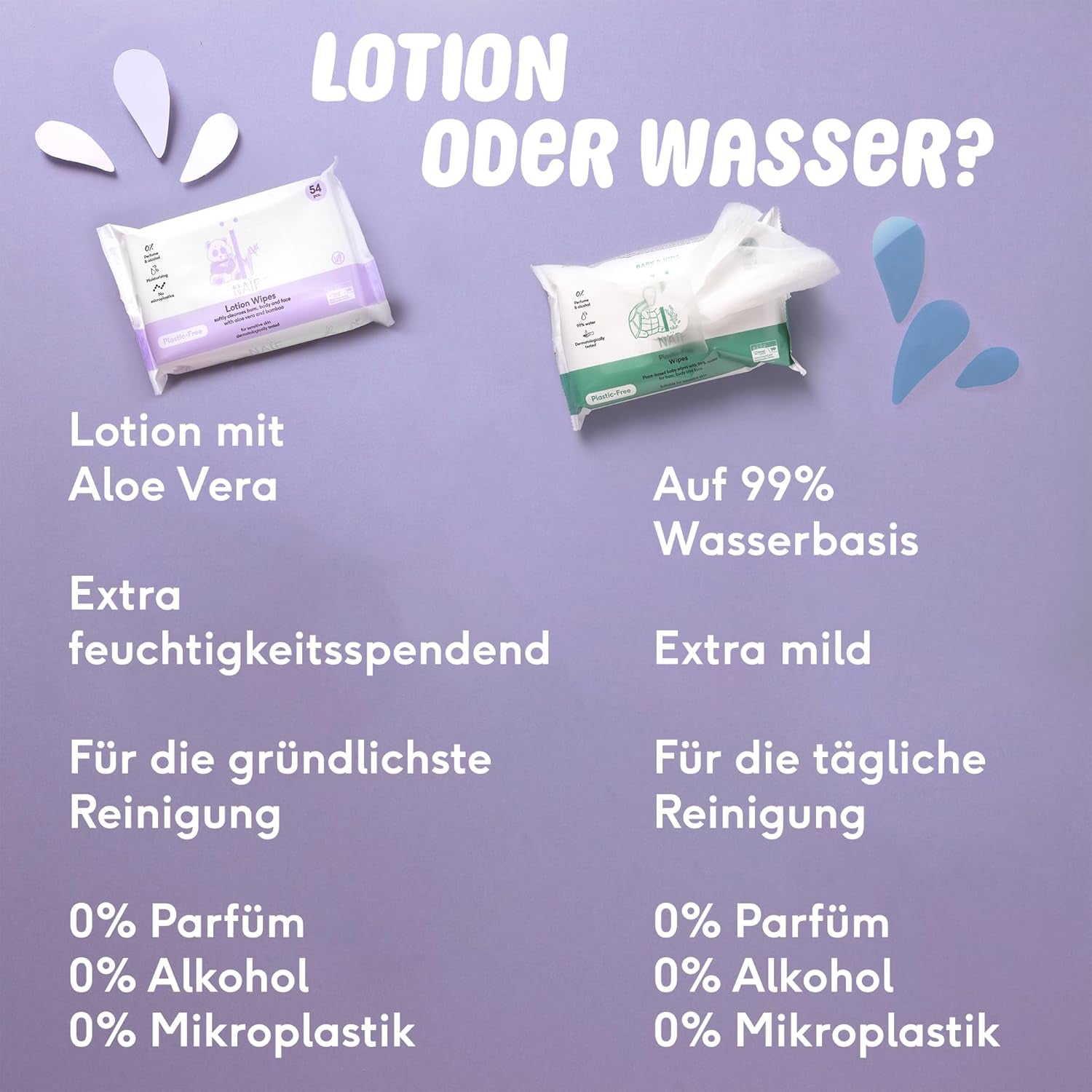 Naïf - Salviette umidificate senza plastica - 864 pezzi (16 confezioni da 54 salviette) - Cura il sedere, il corpo e il viso del bambino - 99% acqua - 0% profumo e alcool