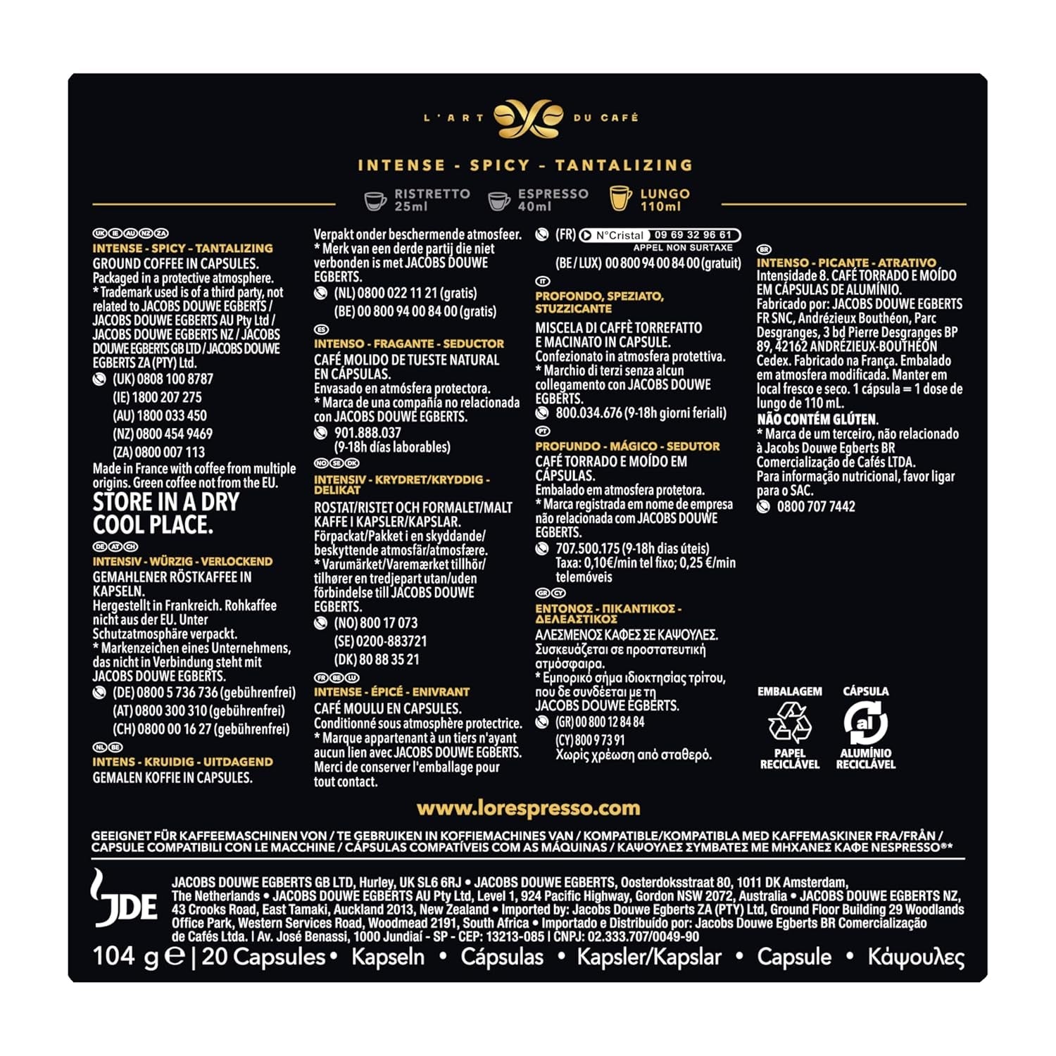 L'OR Espresso Koffiecups Lungo Profondo (200 capsule Lungo Koffie, Gesicht voor Nespresso* Koffiemachines, Intensity 08/12, 100% Arabica Koffie, UTZ Gecertificeerd), 10 x 20 tazze