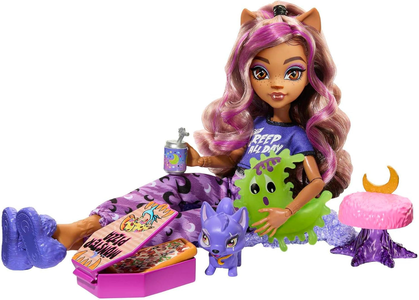 MONSTER HIGH Accessori per bambole e pigiama party, bambola Clawdeen Lupo con gatto domestico, mezzaluna, festa Creepover, HKY67