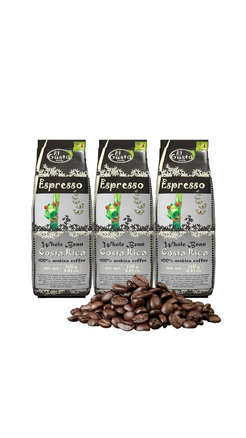 El Gusto Espresso Kaffee aus ganzen Bohnen aus Costa Rica, dunkel geröstet, miscela creativa, 100% Arabica, frischer Gourmet-Kaffee 3er Pack