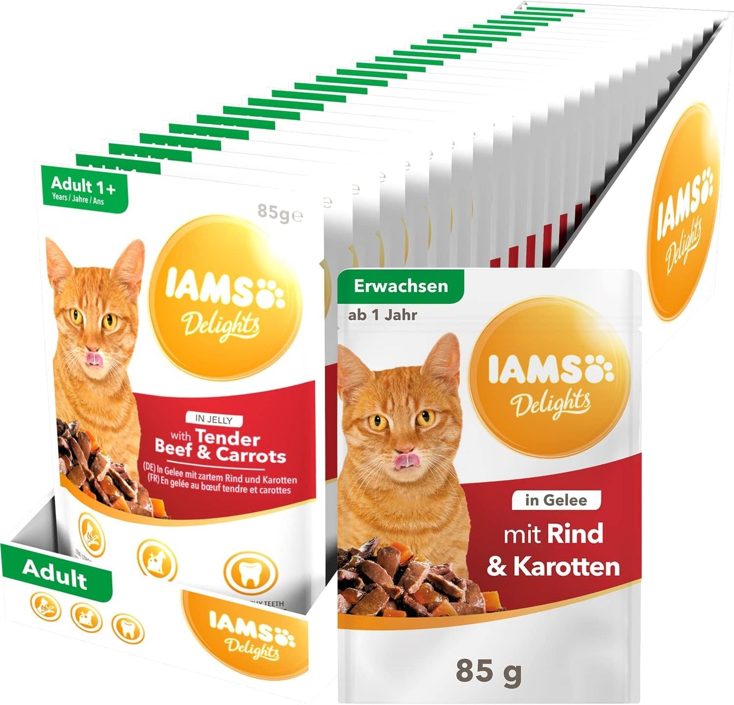 IAMS Delights Cibo Umido per Gatti con Manzo Succoso e Carote in Gelatina - Alimento Umido Completo per Gatti Adulti, 24 Bustine x 85g