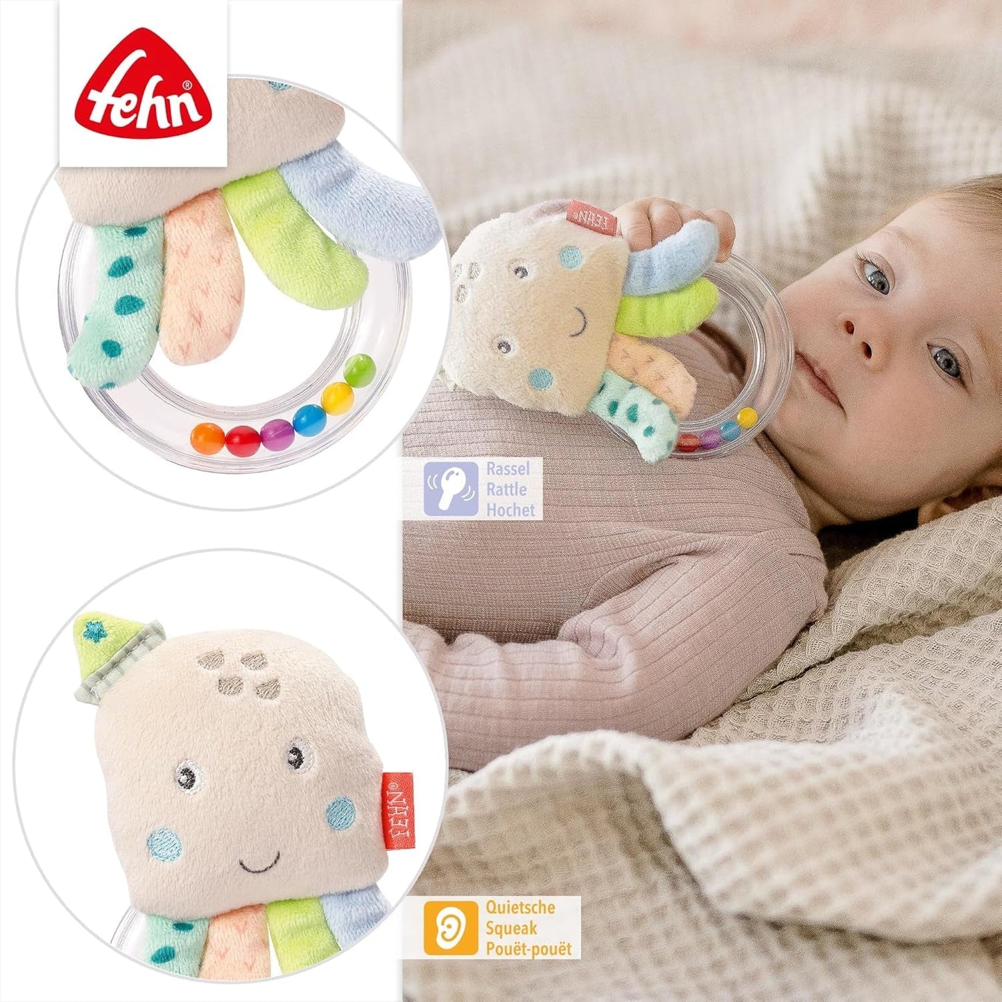 Fehn campanello giocattolo a forma di polpo - sonaglio, cigolio, sensazione motoria - peluche per neonati con tessuto morbido - giocattolo per neonati e bambini da 0+ mesi Baby Toys Naty Shop