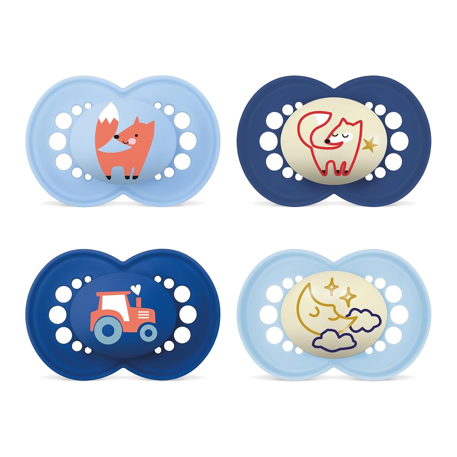 Ciuccio MAM Original Day & Night Matt | 6-16 mesi | Accettazione 94% | Il ciuccio per bambini aiuta a prevenire l'allineamento indesiderato dei denti | Sviluppato insieme ai dentisti | Pelle morbida in silicone | Volpe/Luna | Confezione da 4