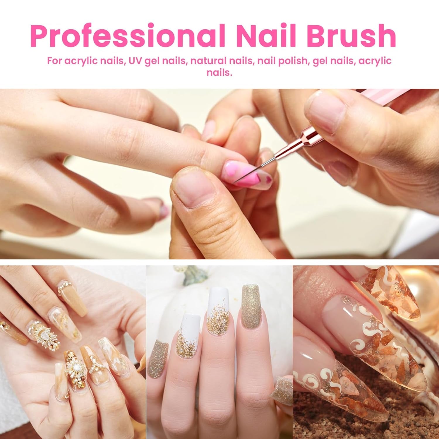 6 pezzi Liner Nailart Pinsel Nageldesign Pinsel Set Dünn Acryl Nagelpunkt-Zeichenwerkzeug Nägel Dünne Nagelpinsel Set Für Lange Linien, Dünne Details, Feines Zichnen 5/7/9/11/15/25 Mm（Rosa）