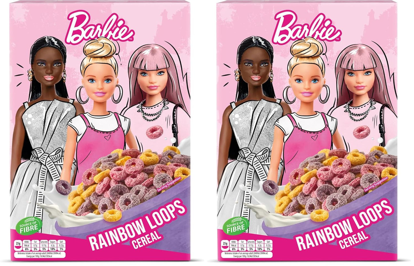 Cereali Barbie Rainbow Loops, anelli colorati di grano, avena e mais al gusto di frutta per una colazione perfetta, 1 confezione (1 x 350g)