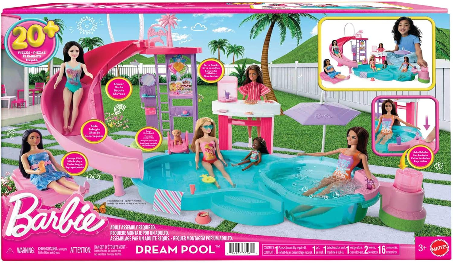 Barbie Dream Pool Playset con sei aree di gioco tra cui uno scivolo e una vasca idromassaggio, oltre a oltre 20 accessori come un animale domestico, salvagente e altro, JKG83