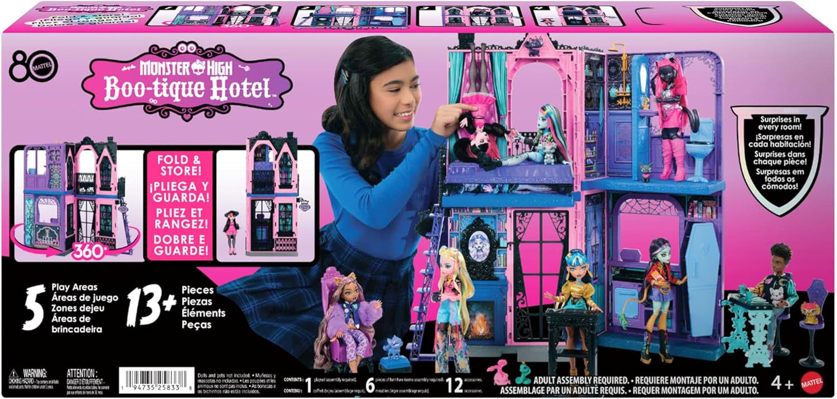 Casa delle bambole Monster High Buh-tique Hotel, set da gioco pieghevole con sorprese spaventose in ogni stanza e oltre 13 set da gioco, inclusi mobili e accessori, JBF16