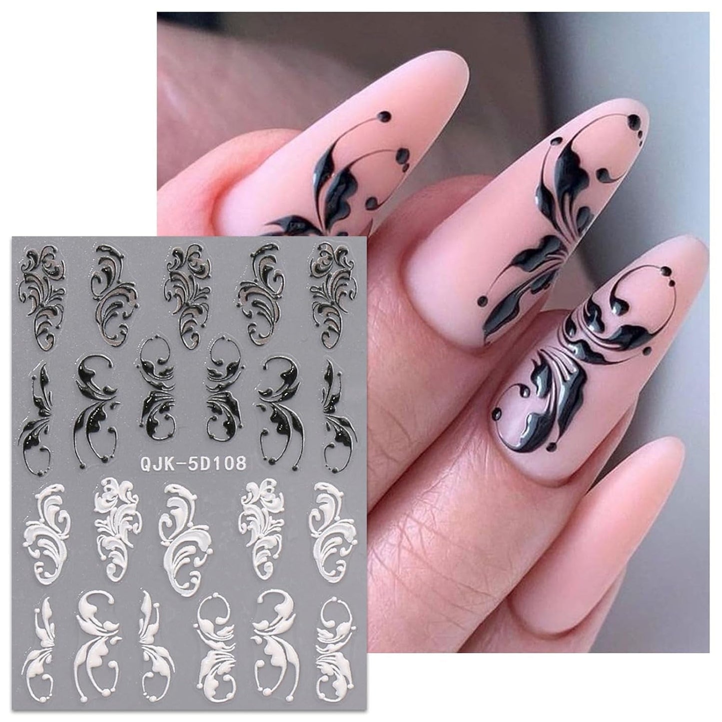 JMEOWIO 3D Nagelsticker Schwarz Weiß Blume Nail Art Sticker Self-klebend Nagelaufkleber 5D Stereoscopic Blumen Dekoration Nageldesign Zubehör 4 Blatt