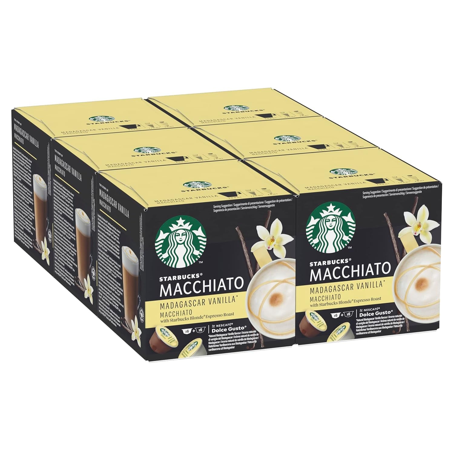STARBUCKS Probierset, White Cup Variety Pack di Nescafé Dolce Gusto Kaffeekapseln & Vanilla Macchiato di Nescafé Dolce Gusto Kaffeekapseln 6 x 12 (72 Kapseln, 36 Portionen)