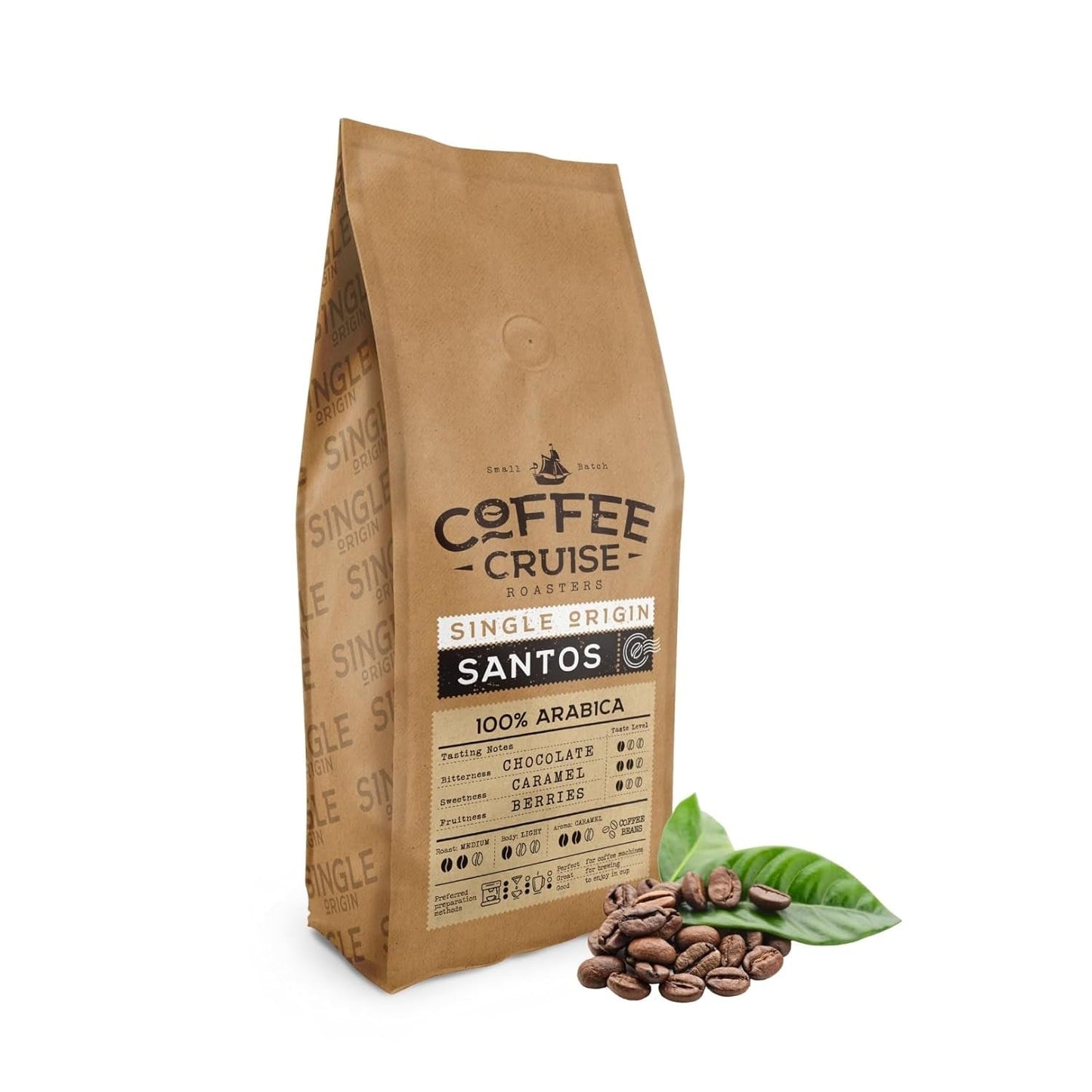 COFFEE CRUISE Santos Kaffeebohnen 1kg - Mittlere Röstung - Aroma Caramel - Für All Kaffeemaschinen - 100% Arabica