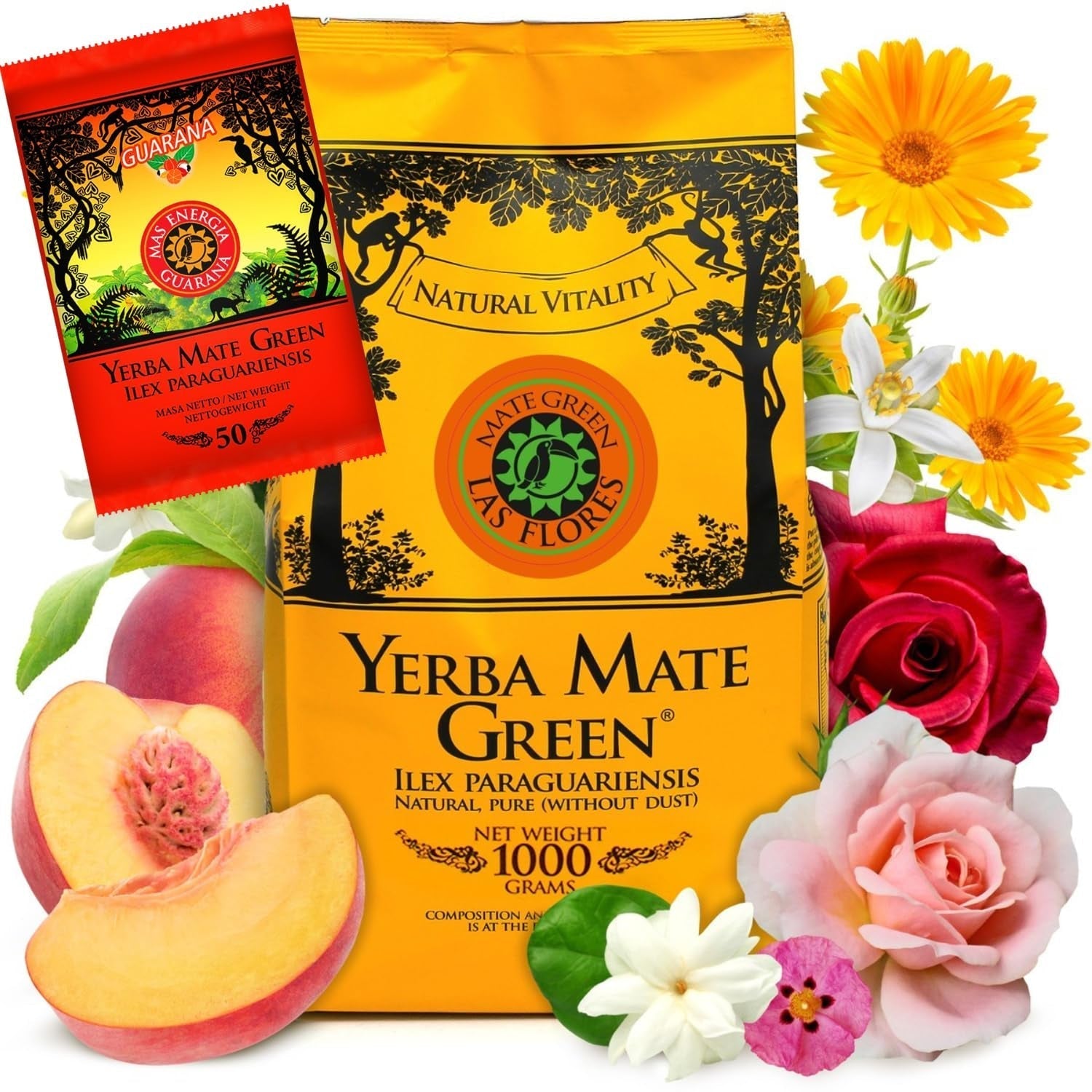 Yerba LAS FLORES 1 kg ● Tè Yerba Mate con pesche brasiliane ● Gelsomino ● Tè Mate dalle foglie intere ● Aromi naturali ● Tè Yebra Mate con guaranà 50 g ● Tè Yerba Mate con foglie intere 1050 g ● Vegano