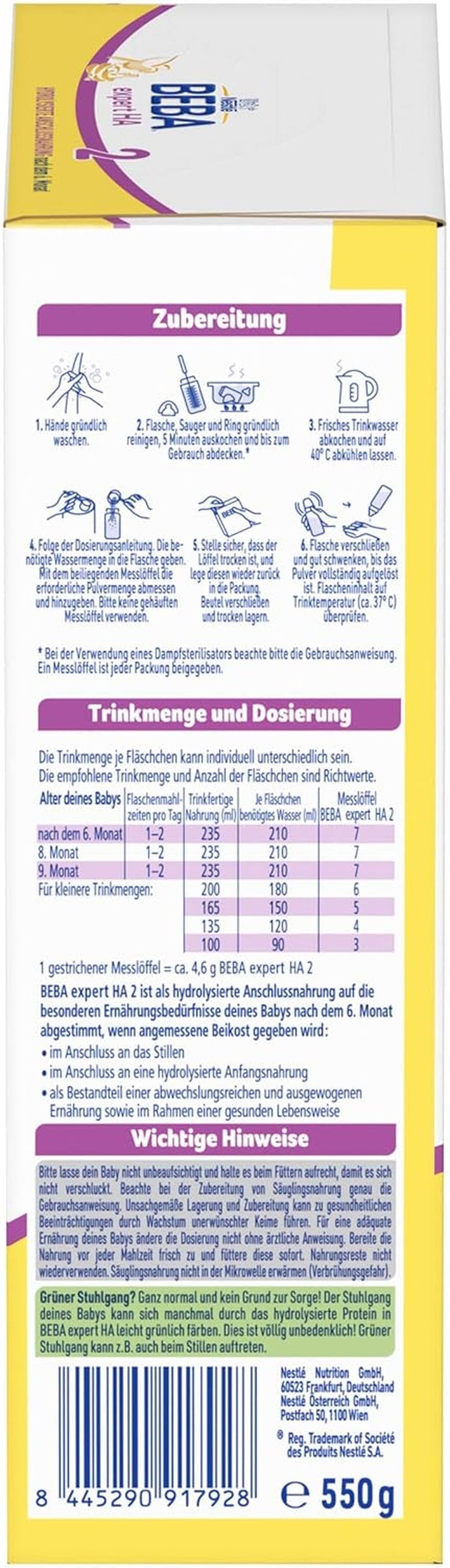 BEBA Expert HA 2 Latte di proseguimento dopo 6 mesi, omogeneizzato con proteine ​​idrolizzate, solo lattosio, senza olio di palma, confezione da 6 (6 x 550 g) Naty Shop