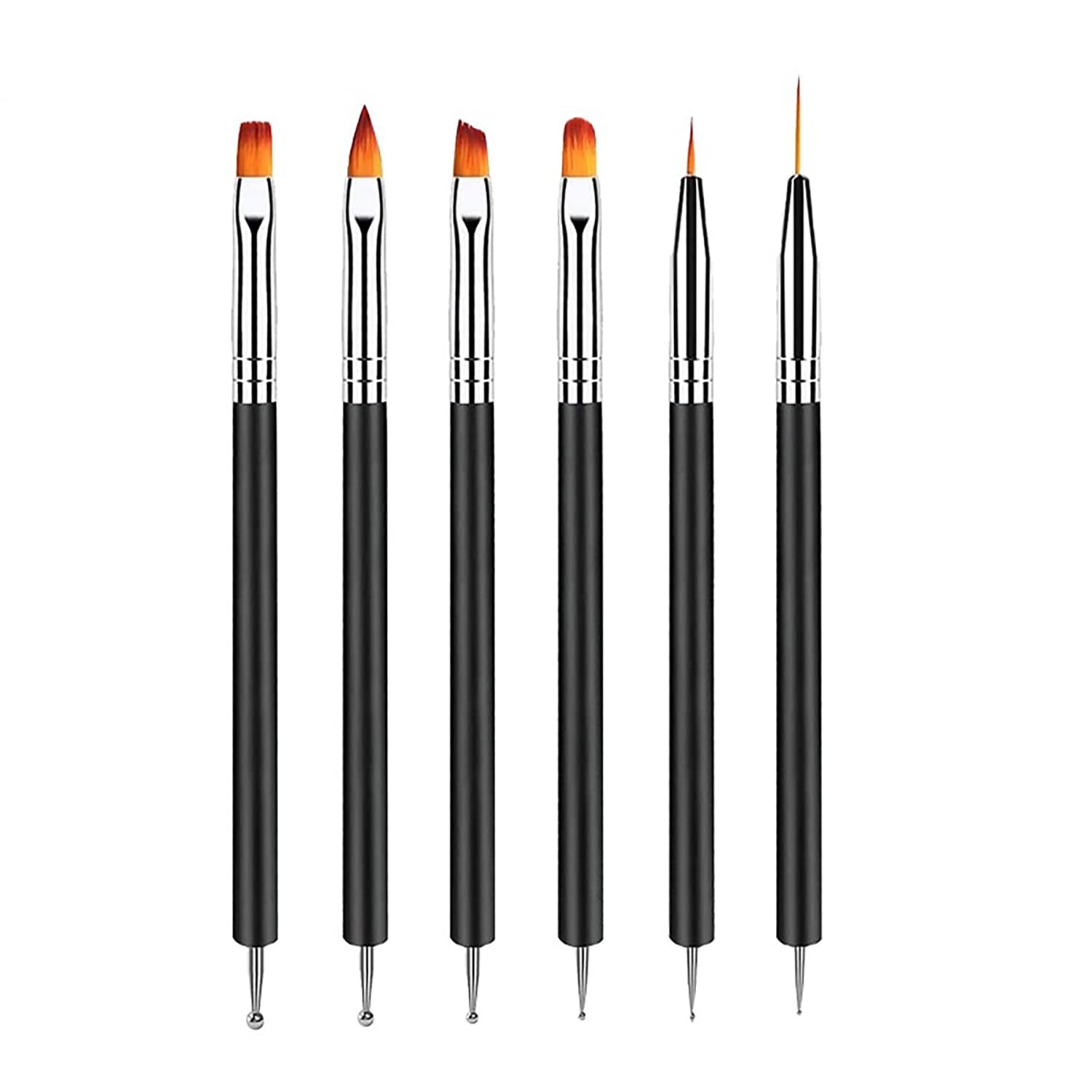6 Stück Doppel-Ende Nagel Pinsel, Nageldesign Pinsel, Doppel-Ende Nail Art Pinsel Kit Professionale Maniküre Werkzeuge Kit（Nero）