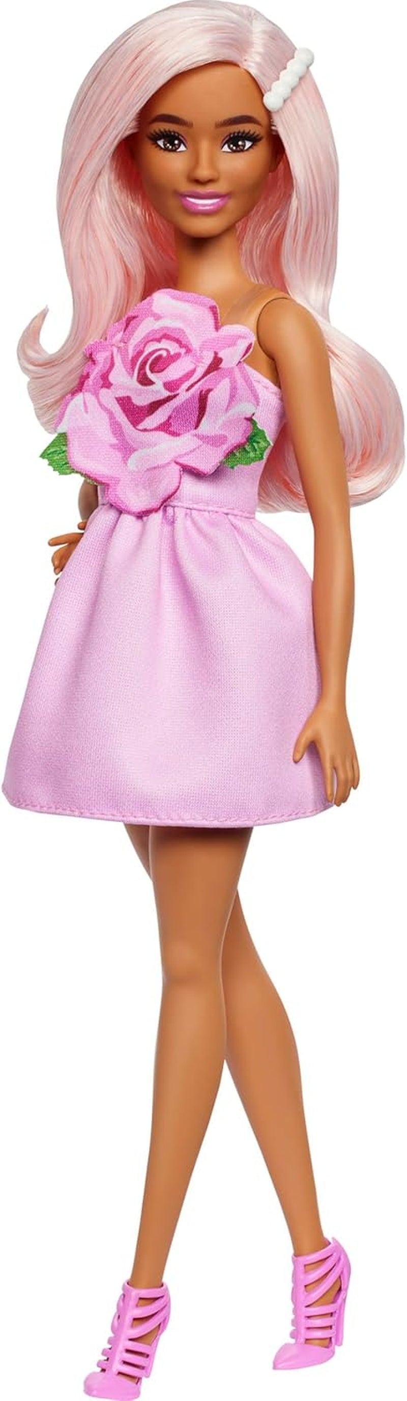 Bambola Barbie Fashionistas n. 238 con capelli rosa pastello, vestito senza spalline con top rosa, fermaglio per capelli con perle e tacchi alti con cinturino, titolo predefinito HYT94 Naty Shop Dolls