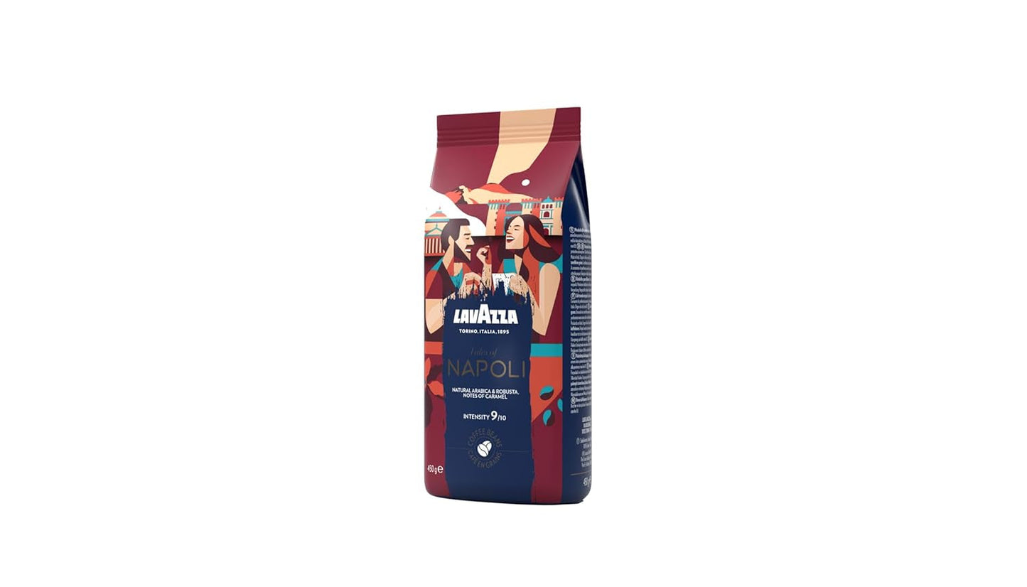 Lavazza, Tales of Napoli, caffè in grani, ideale per macchine espresso, con note aromatiche di cacao e caramello, Arabica e Robusta, intensità 9/10, tostatura intensa, 450 g