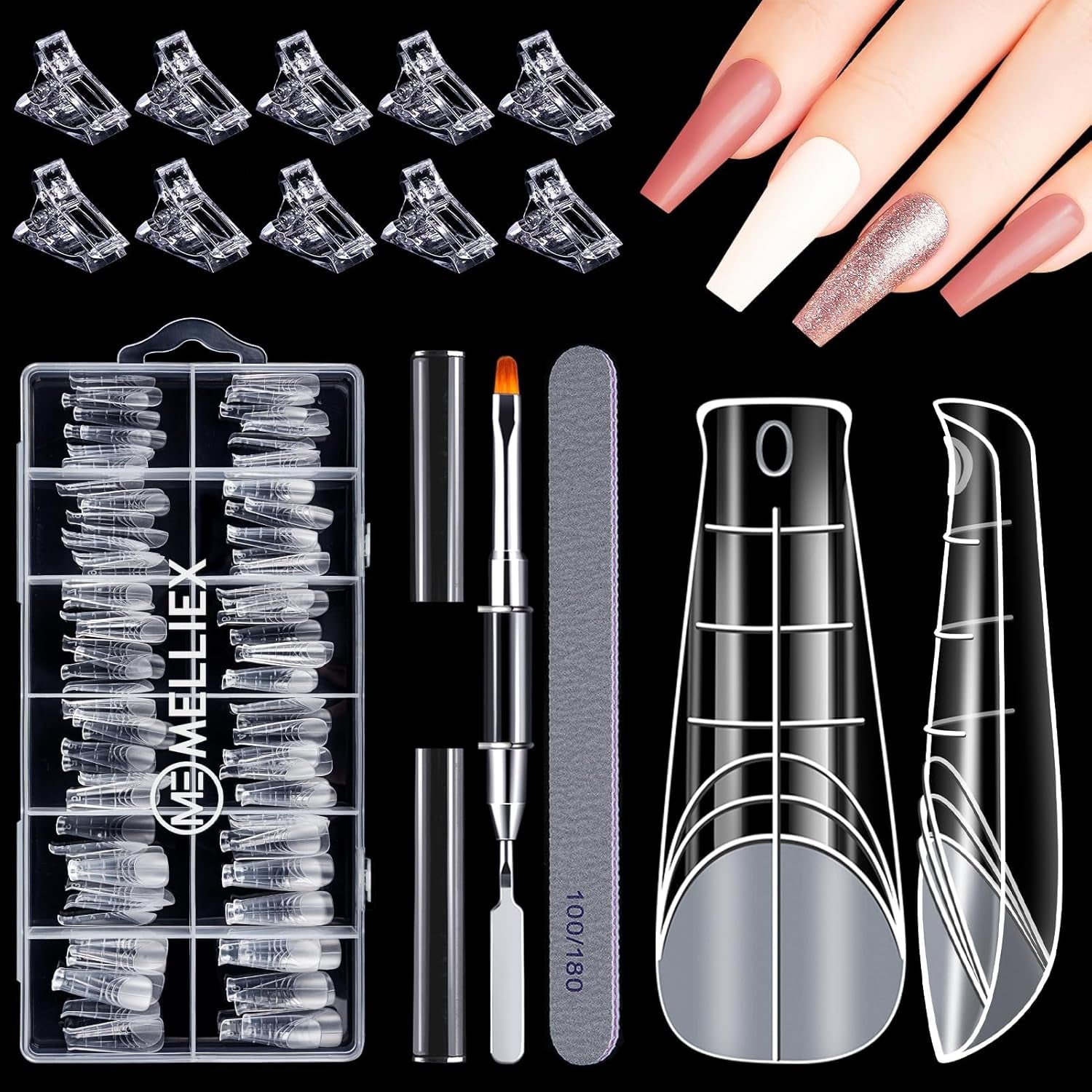 Set di forme per unghie da 120 pezzi, estensioni per unghie, forme per unghie in gel, set di forme per unghie con pennello a doppia testa e lima per unghie con clip, per unghie in gel
