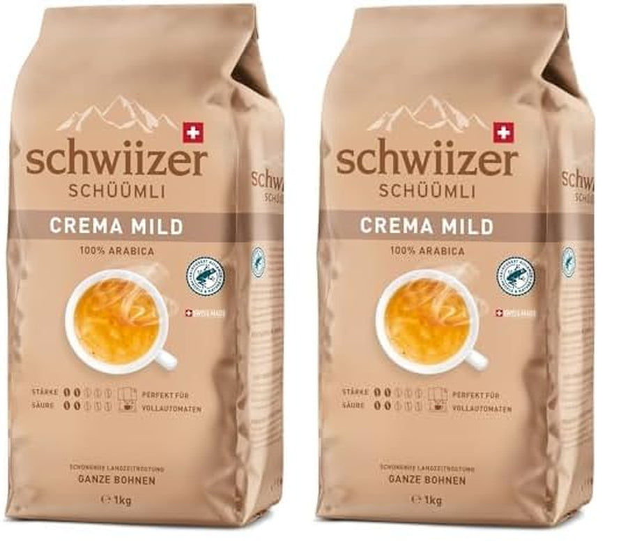 Schwiizer Schüümli Crema Mild, 100% caffè Arabica Premium, fruttato e nocciolato, per macchine da caffè completamente automatiche, forza 2/5, tostatura leggera, certificato Rainforest Alliance, 1 kg (confezione da 2)