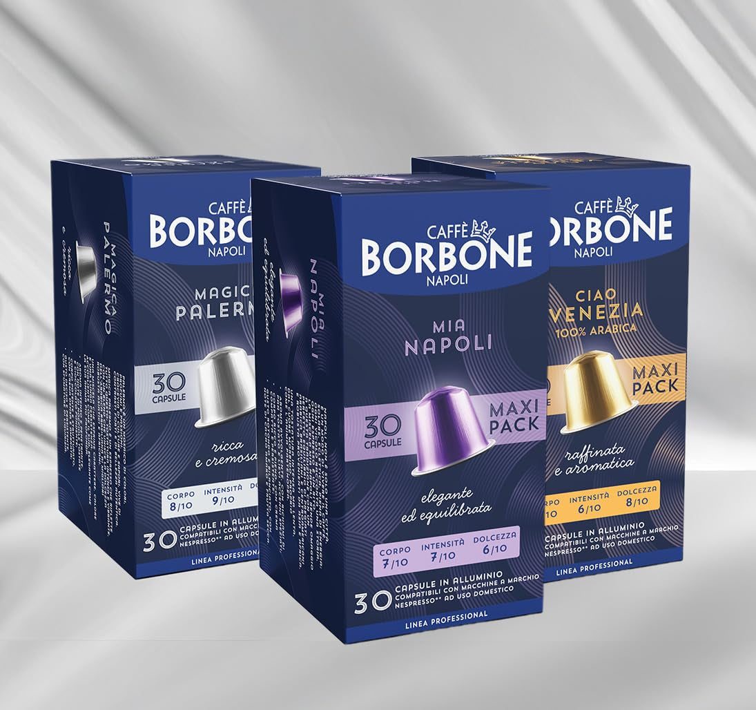 Kit Verkostung Caffè Borbone, 90 Capsule in Alluminio: 30 Mia Napoli, 30 Ciao Venezia, 30 Magica Palermo, (3 x 30 Stück) – Compatibili con Kaffeemaschinen für den Hausgebrauch della marca Nespresso®*