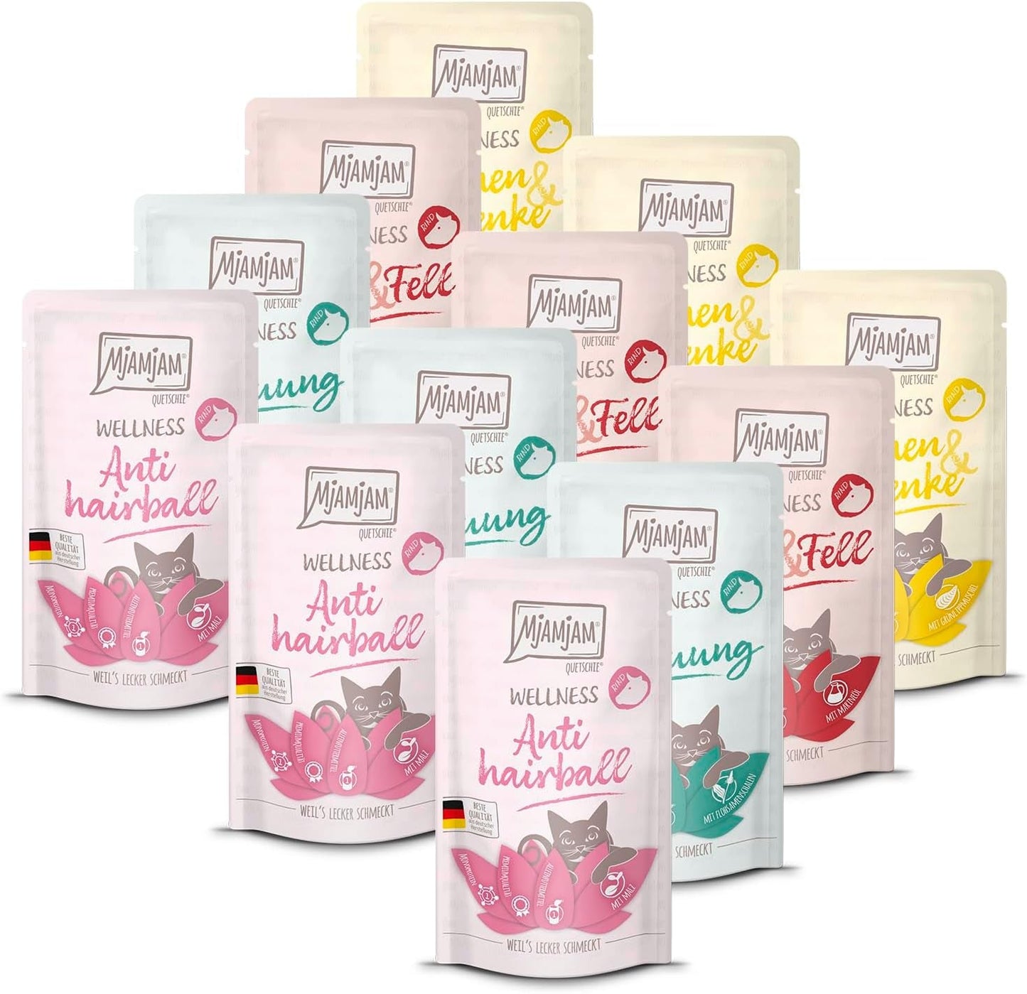 MjAMjAM - Cibo umido premium per gatti - Pacchetto benessere Manzo, confezione da 12 (12 x 125 g), senza cereali con carne extra