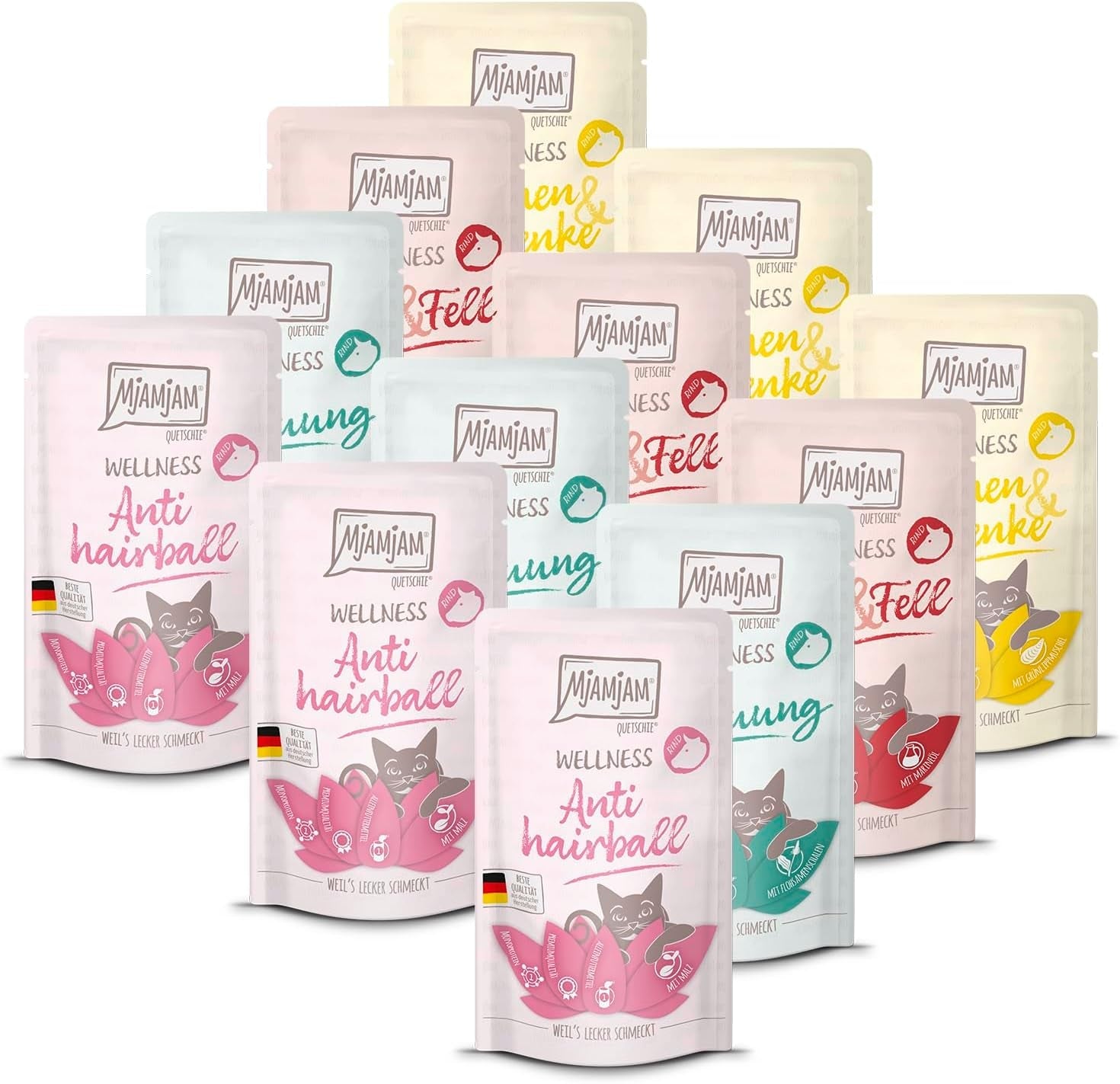 MjAMjAM - Cibo umido premium per gatti - Pacchetto benessere Manzo, confezione da 12 (12 x 125 g), senza cereali con carne extra